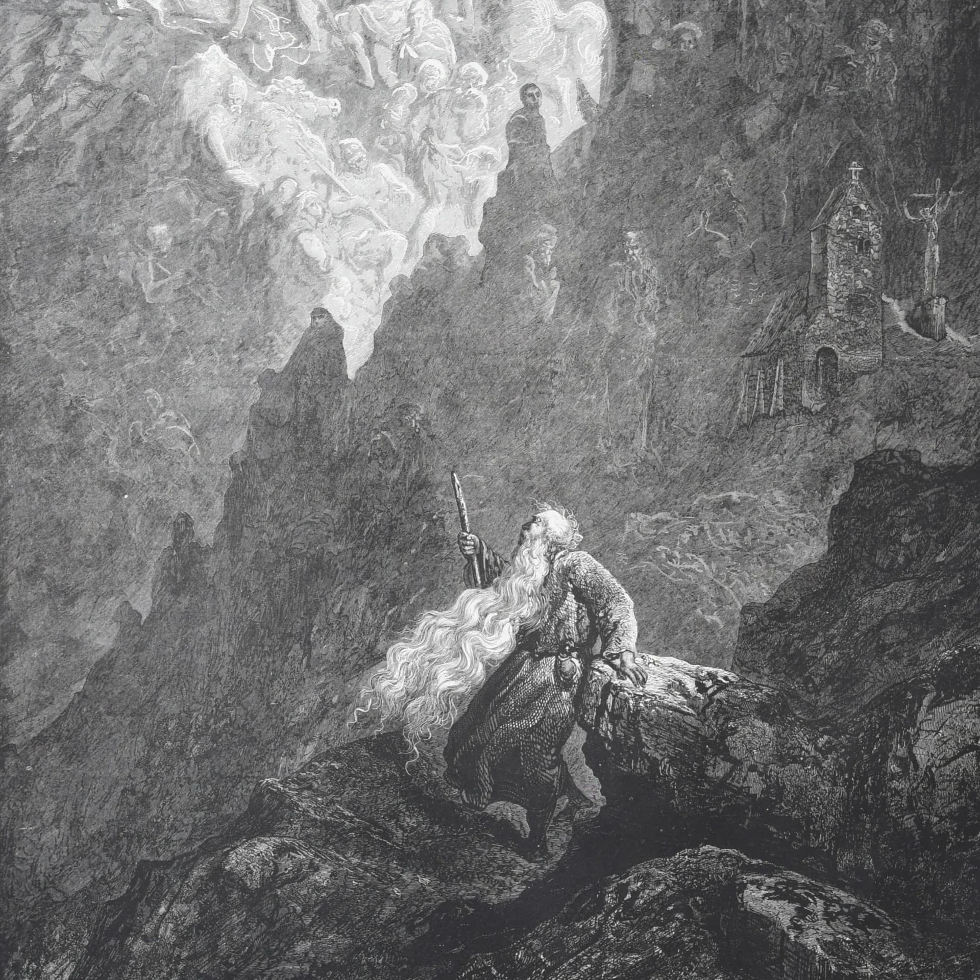 1866 Gustave Doré Legend Of The Wandering Jew Witnessing Calvary Plate 8 - Original Antique Engraving - Gothic Christian - 14 x 20 in