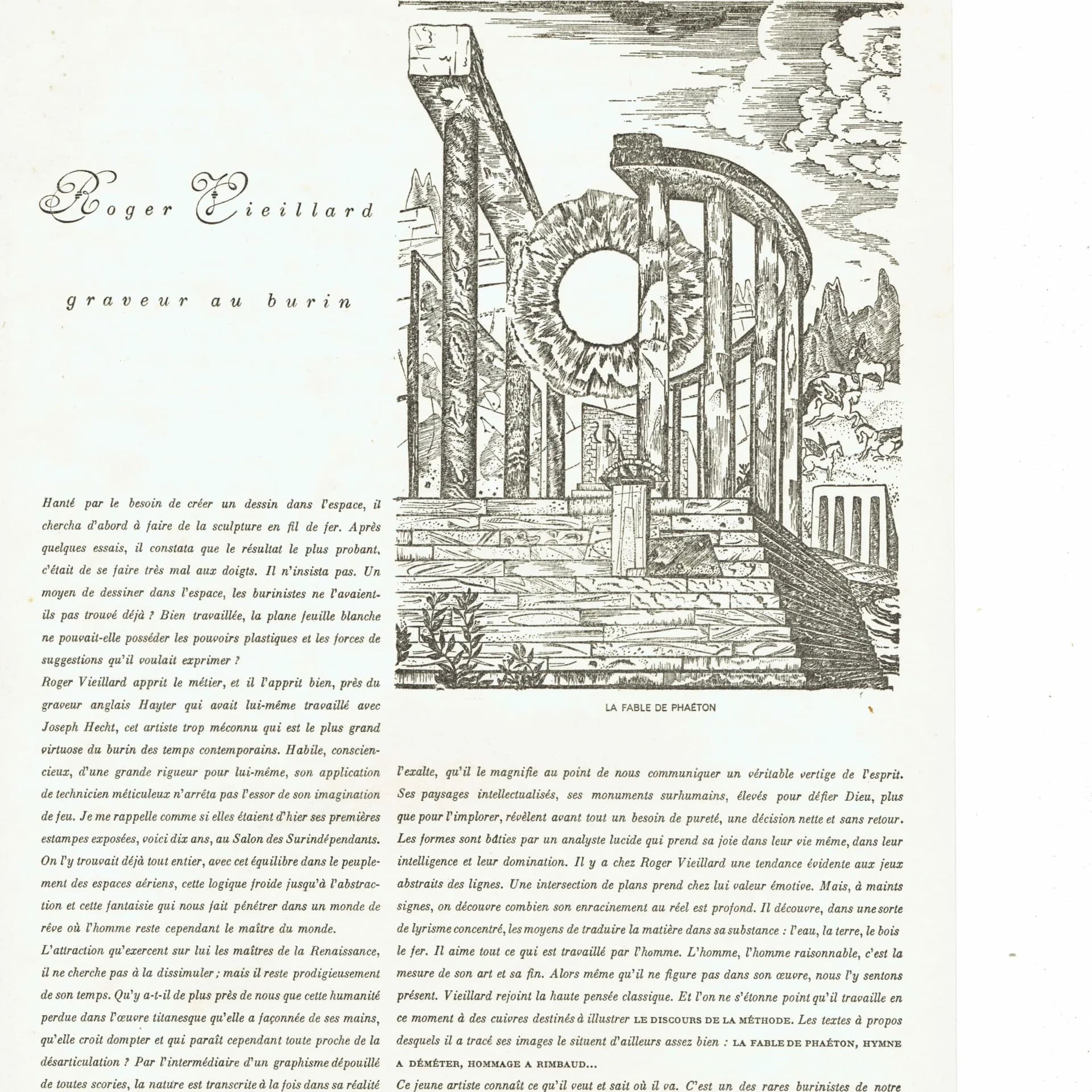 1947 Surreal Architecture Fantasy - Original Vintage Engraving By Vieillard - Soleils Paris Avant-Garde Folio French Art - 10 x 14 in