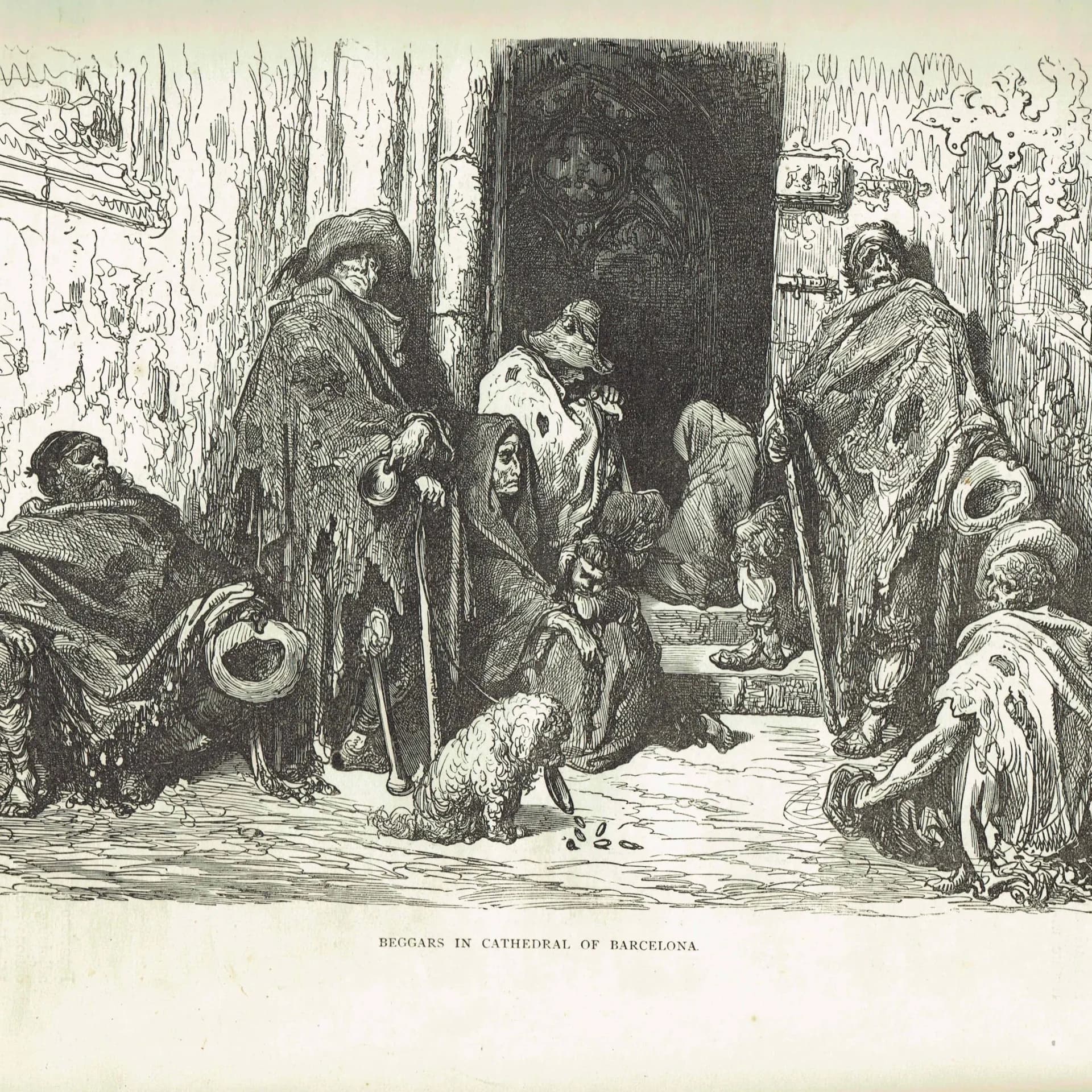 1869 Beggars in Cathedral of Barcelona - Original Antique Engraving - Spanish Religious Architecture Social History Travel - 11.75 x 8.75 in