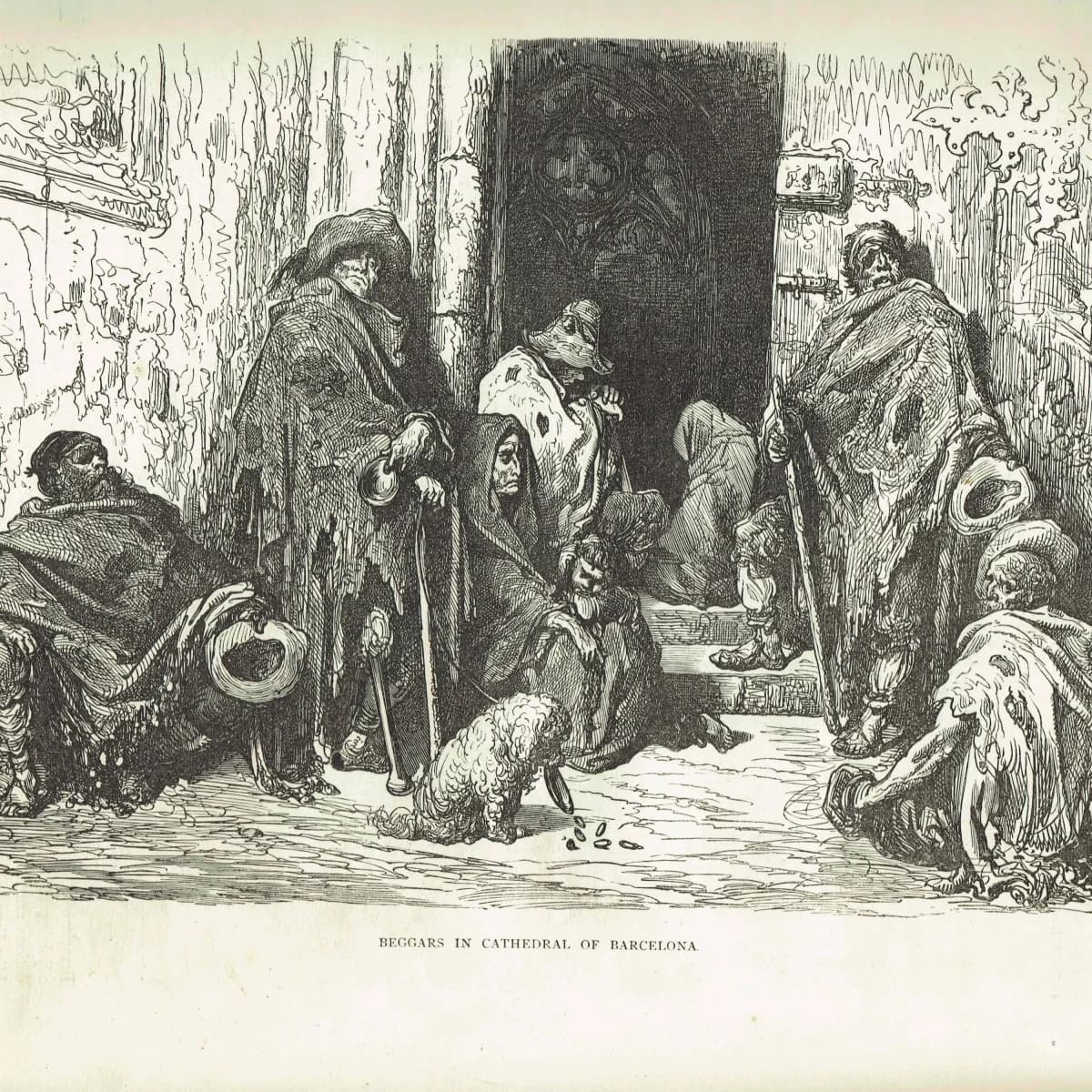1869 Beggars in Cathedral of Barcelona - Original Antique Engraving - Spanish Religious Architecture Social History Travel - 11.75 x 8.75 in