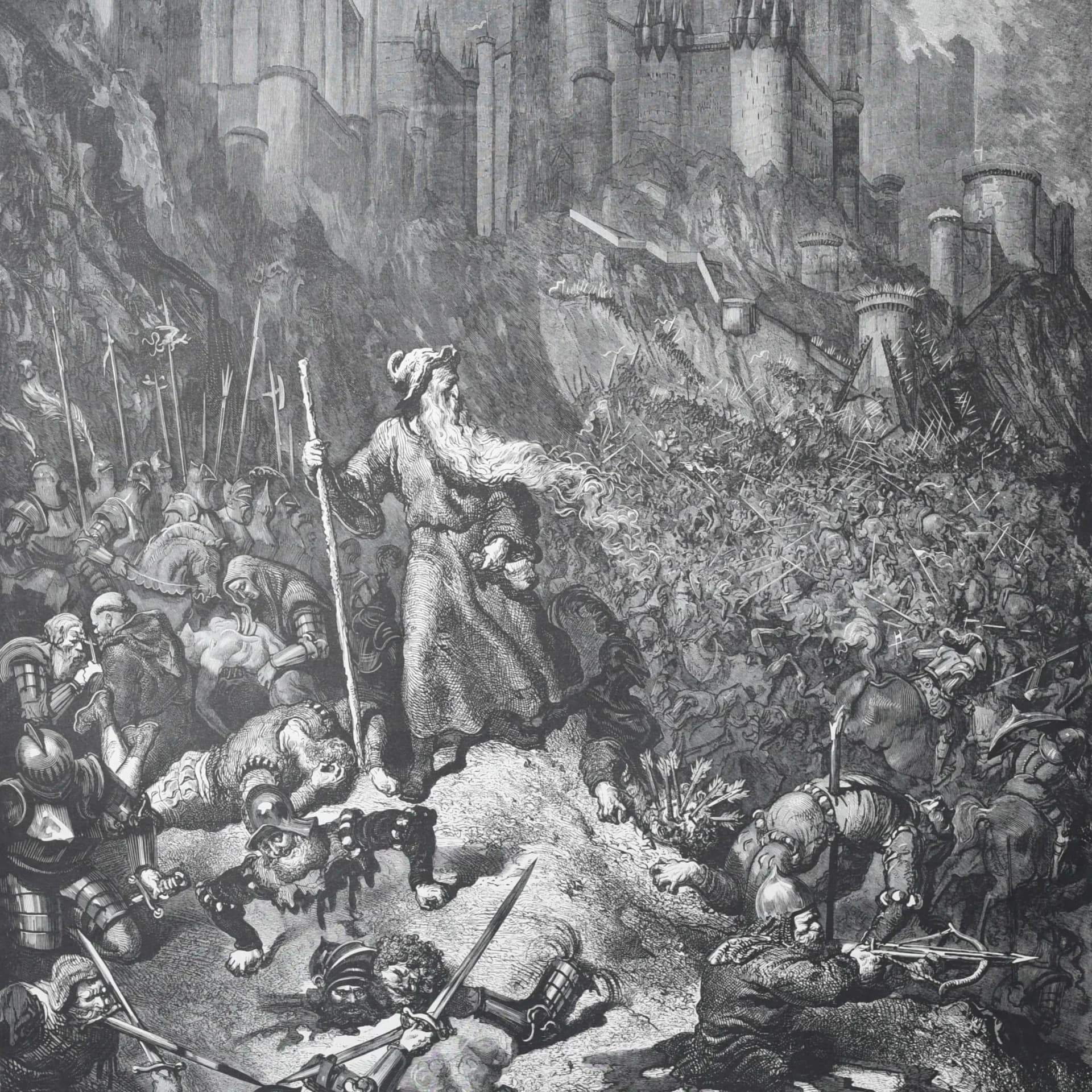 1866 Gustave Doré Legend Of The Wandering Jew Battle Scene Plate 9 - Original Antique Engraving - Gothic Medieval Christian - 14 x 20 in
