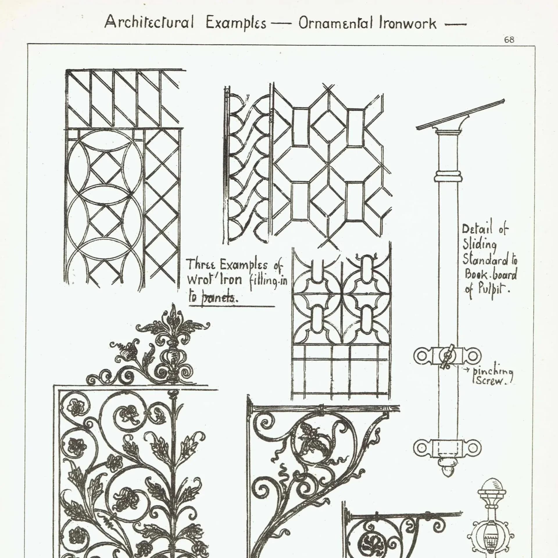 1898 Ornamental Wrought Ironwork - Filling in - Bracket - Finial - Architectural Print - W Fullerton - Building Illustration - 8 x 10.75 in