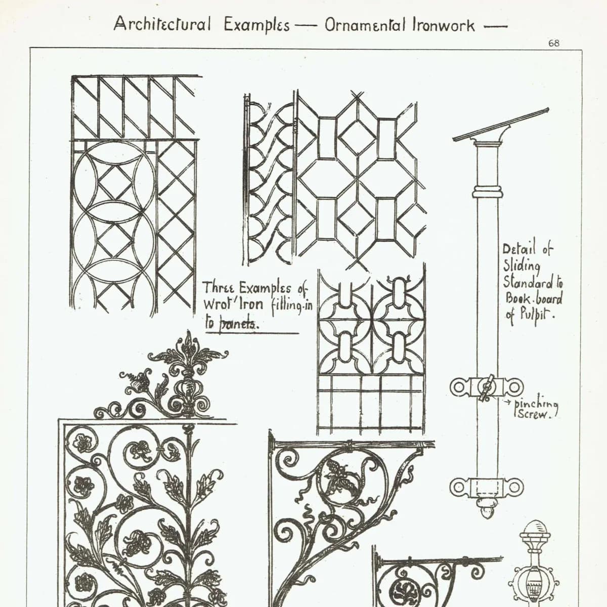 1898 Ornamental Wrought Ironwork - Filling in - Bracket - Finial - Architectural Print - W Fullerton - Building Illustration - 8 x 10.75 in