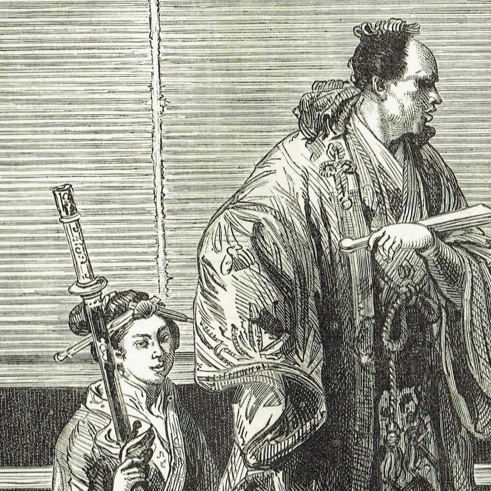 1875 Daimio's House Japan - Antique Engraving - Victorian Japanese Interior Portrait Scene Illustrated Travels - 11.5 x 8 in