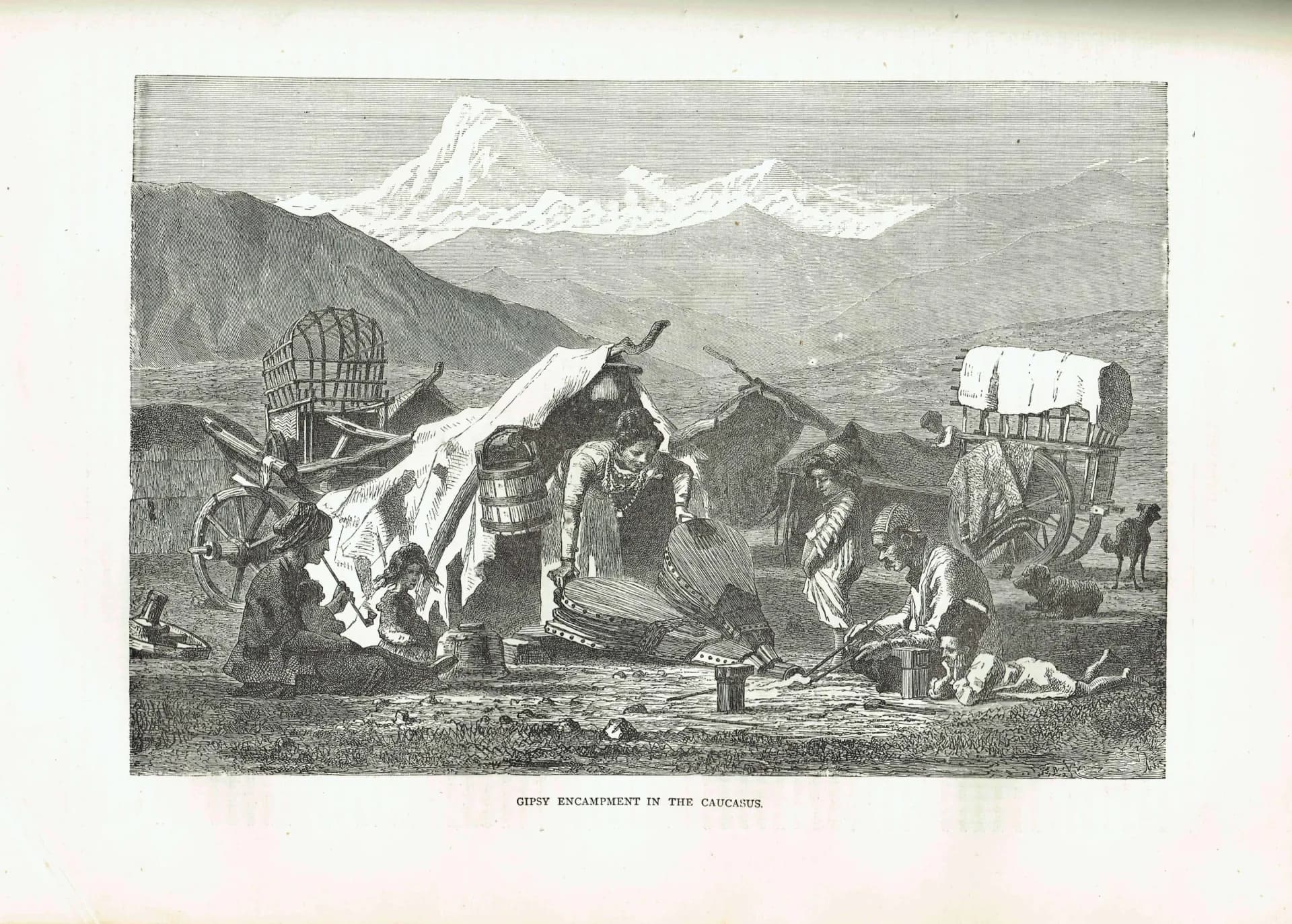 1870s Gipsy Encampment Caucasus - Antique Print - Victorian Travel Illustration Caucasian Mountains - 11.5 x 8 in