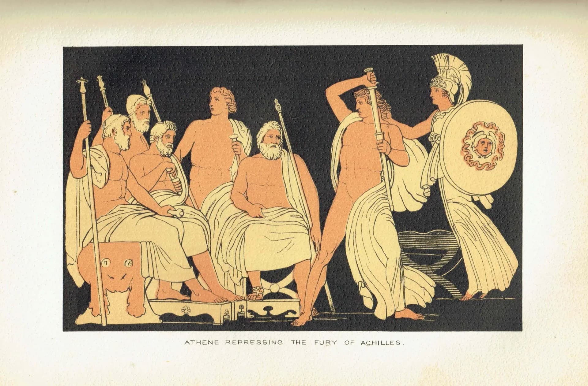 1887 Athene Repressing the Fury of Achilles - Original Antique Print By Flaxman - Homer Greek Mythology Classical Figure Study - 7.25 x 4...