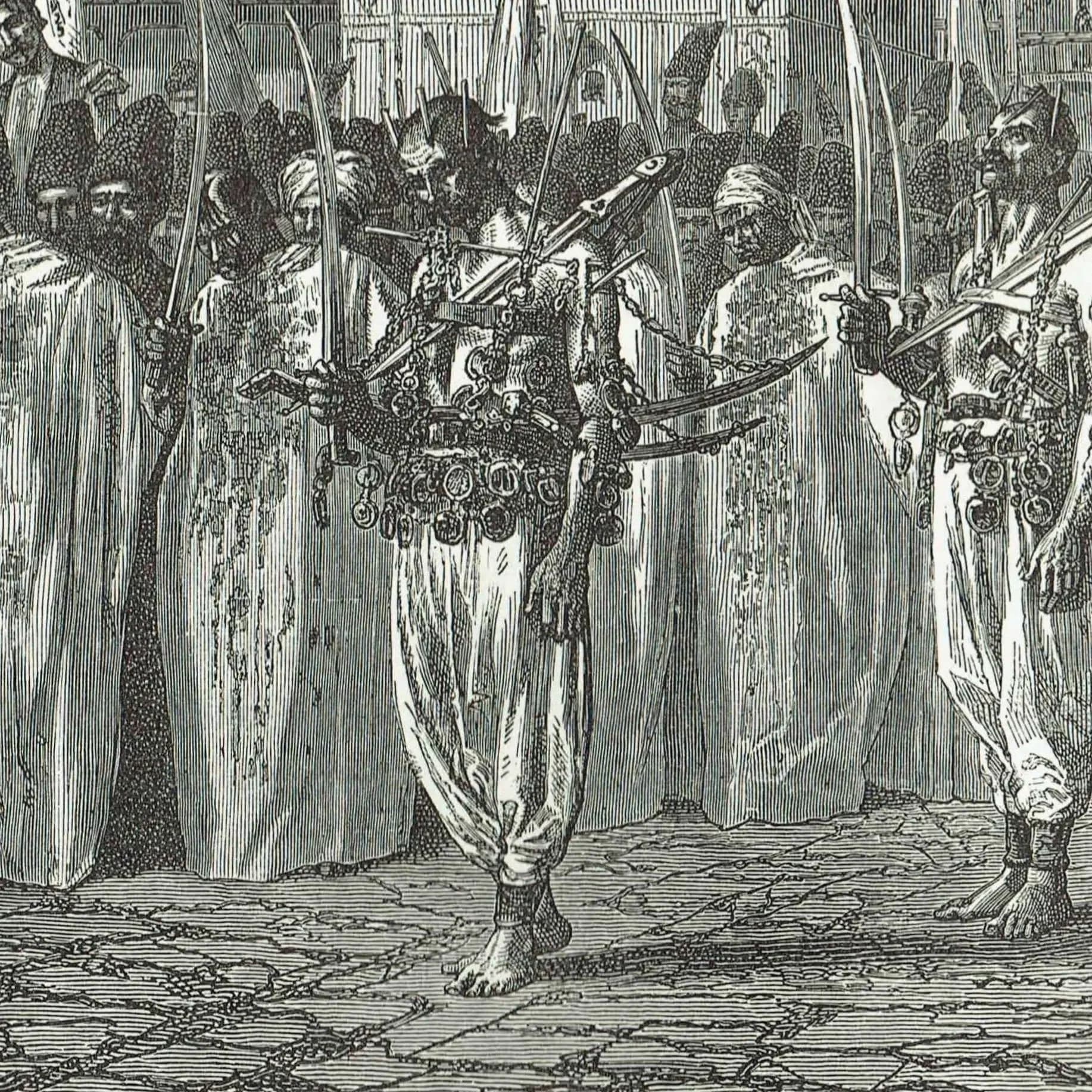 1871 Funeral Procession at Schucha - Antique Engraving - Caucasus Azerbaijan Islamic Scene Travel Print - 11.5 x 8 in