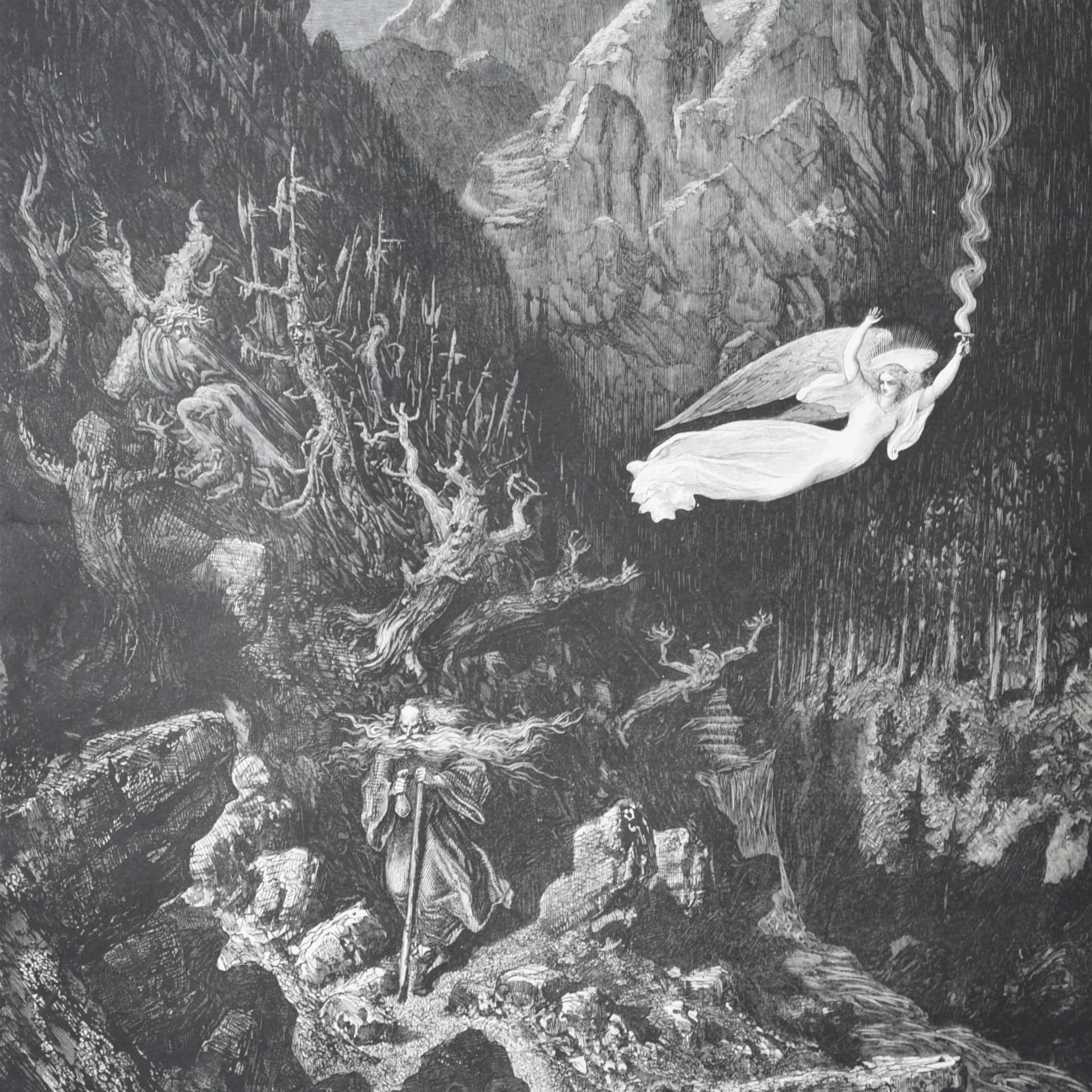1866 Gustave Doré Legend Of The Wandering Jew Angel Vision Plate 7 - Original Antique Engraving - Gothic Religious Medieval - 14 x 20 in