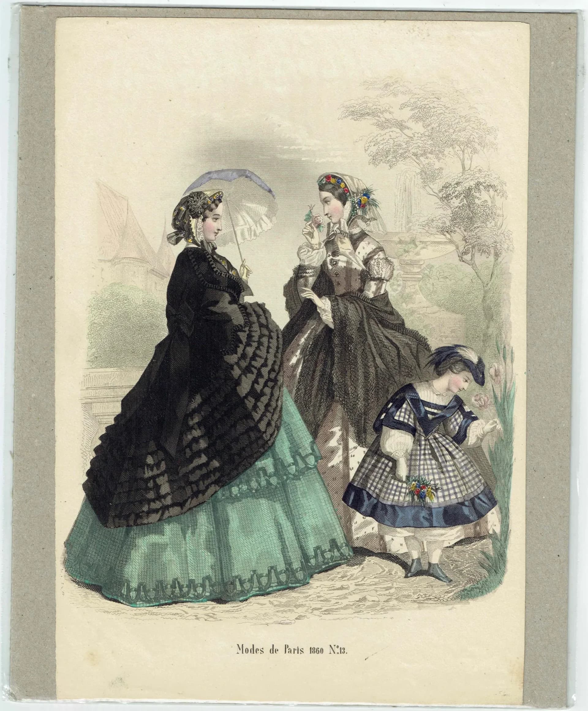 1860 Modes de Paris Fashion No.13 Print - Hand-Coloured Women & Girl’s Costume - Paris Style 1860 - 9.5 x 6.5 in