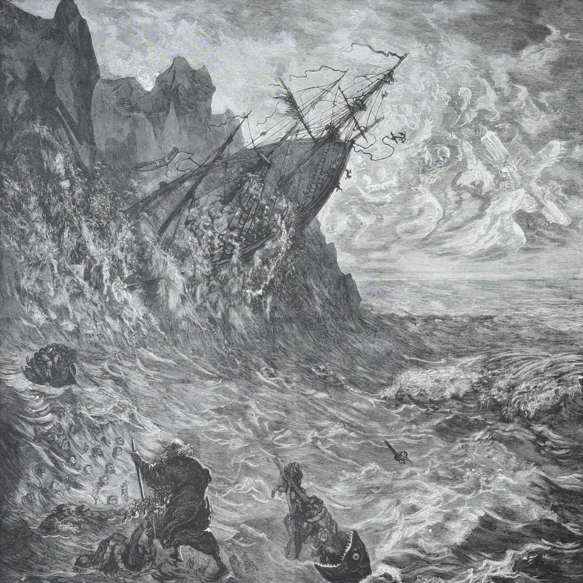 1866 Gustave Doré Wandering Jew Shipwreck Plate 10 - Original Antique Engraving - Victorian Gothic Religious Mythology Maritime - 14 x 20 in