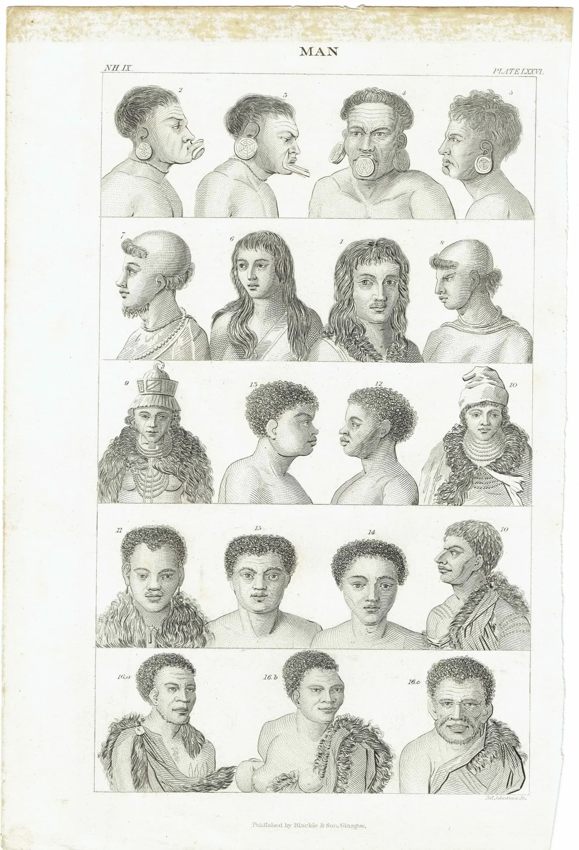 c.1850 Man Heads Print - Black & White - Male Head Engravings - Head Studies - 10 x 6.5 in
