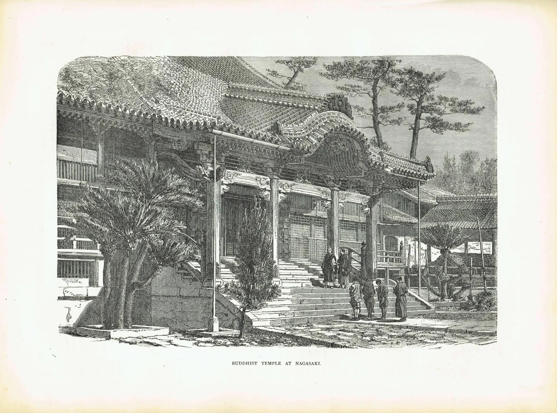 1869 Buddhist Temple at Nagasaki - Original Antique Print - Japanese Architecture Religious Geography Illustrated Travels - 11.75 x 8.75 in