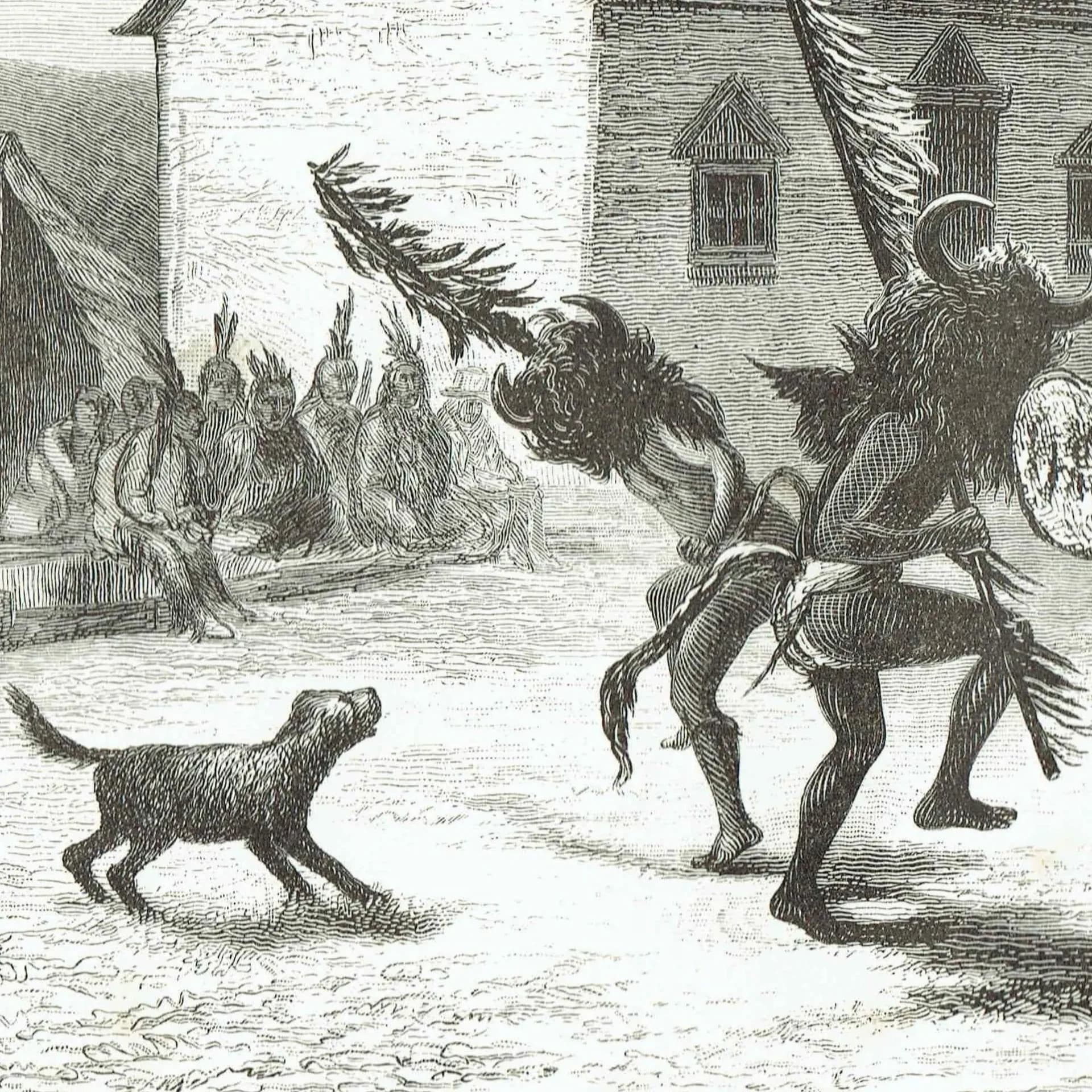 1885 The Buffalo Dance - Antique Engraving By Sydney Hall - Canadian Indigenous Ceremony Canadian Pictures Marquis of Lorne - 10 x 7 in