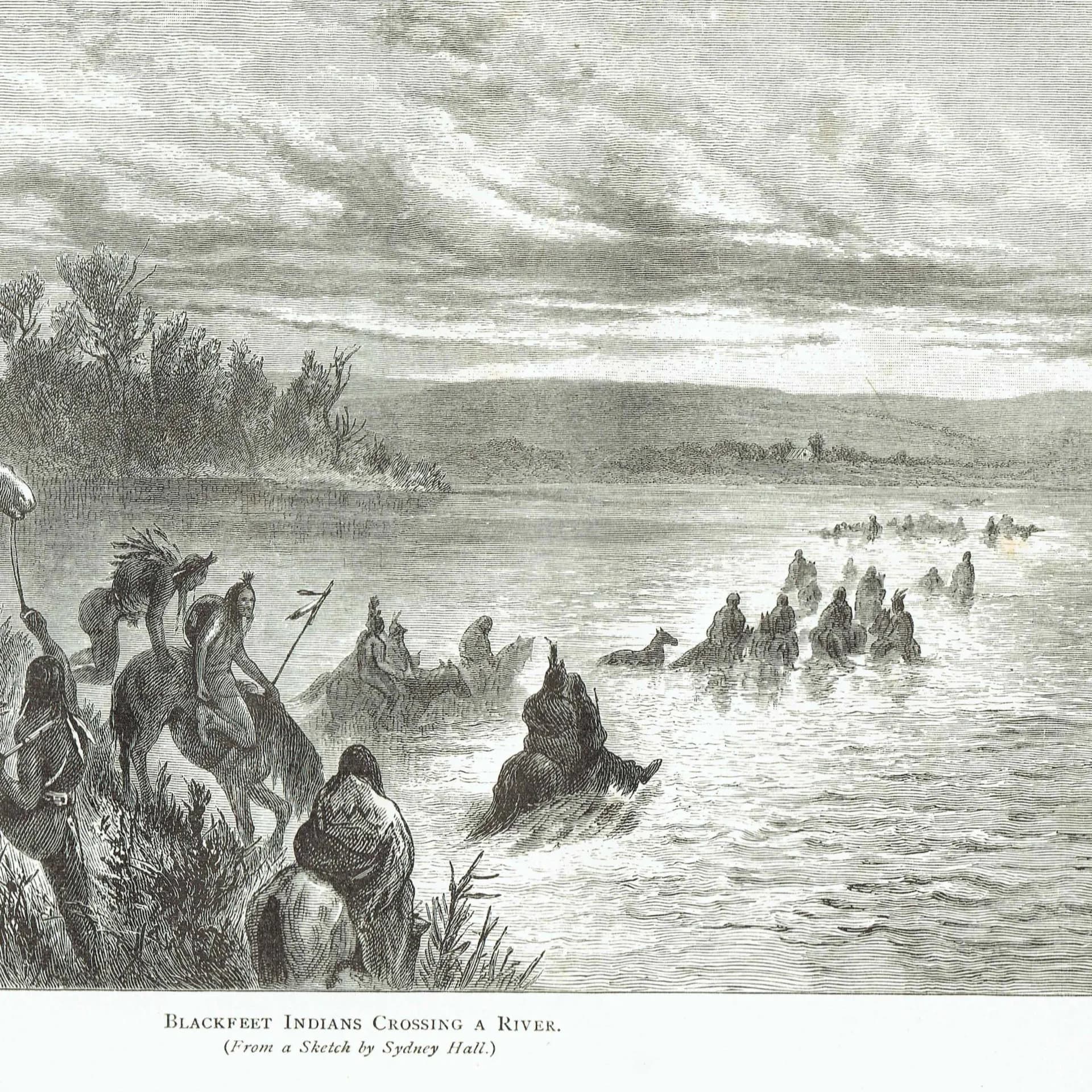 1885 Antique print Blackfeet Indians Crossing River - artist Sydney Hall - engraved By Whymper - Canada Indigenous - 10.75 x 7.25 in