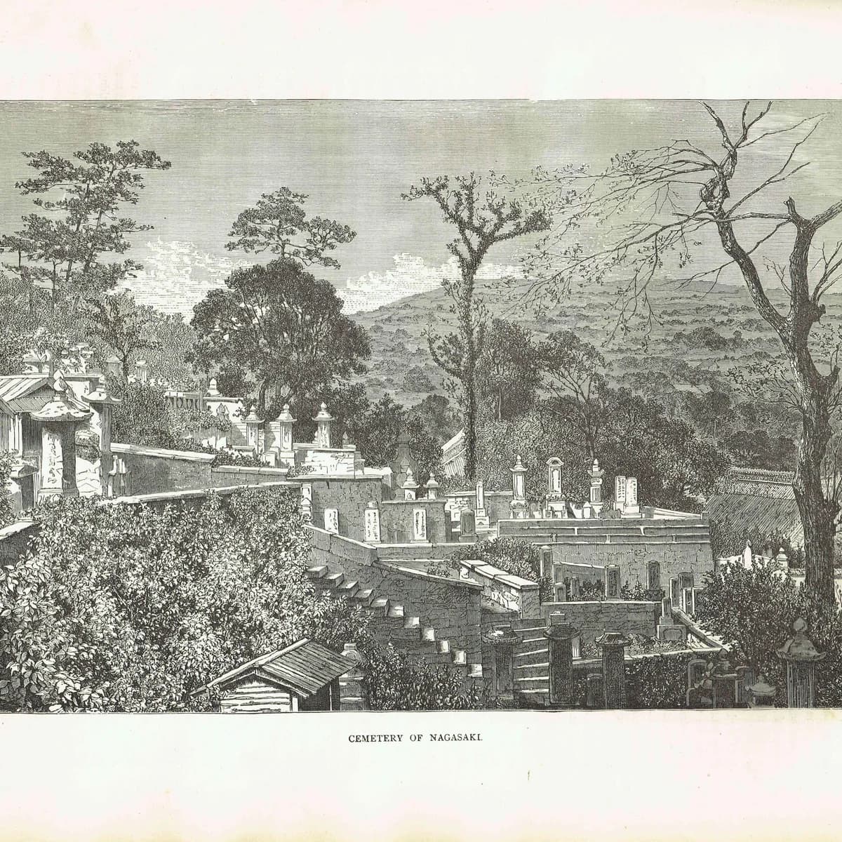 1869 - c.1870 Nagasaki Cemetery Japan - Original Antique Engraving - Victorian Travel Geography Asian Architecture Landscape - 11 x 8.25 in
