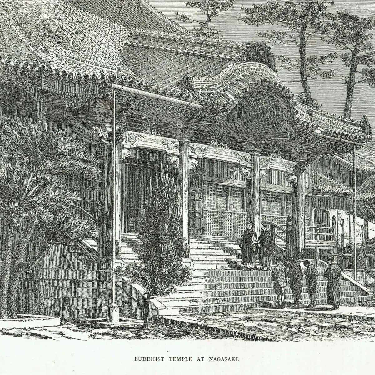 1869 Buddhist Temple at Nagasaki - Original Antique Print - Japanese Architecture Religious Geography Illustrated Travels - 11.75 x 8.75 in