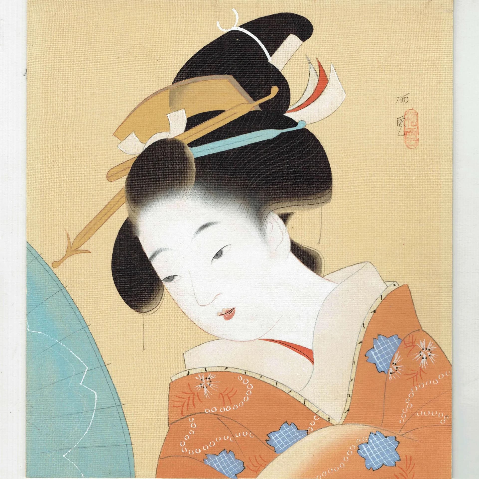 1960s Japanese Bijinga Beauty - Original Vintage Print After Shoen - Early Autumn Kimono Geisha Silk Board Portrait Art - 9 x 10.25 in
