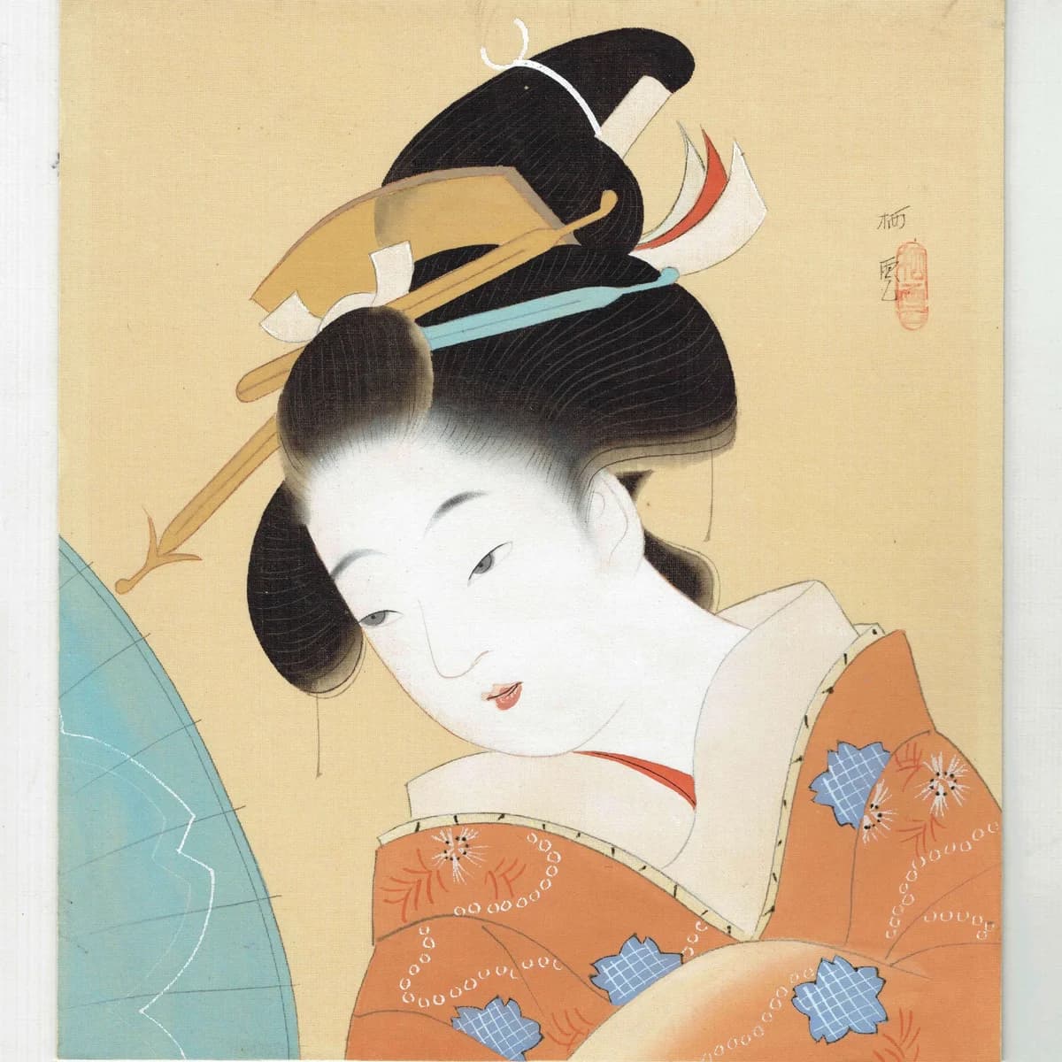 1960s Japanese Bijinga Beauty - Original Vintage Print After Shoen - Early Autumn Kimono Geisha Silk Board Portrait Art - 9 x 10.25 in