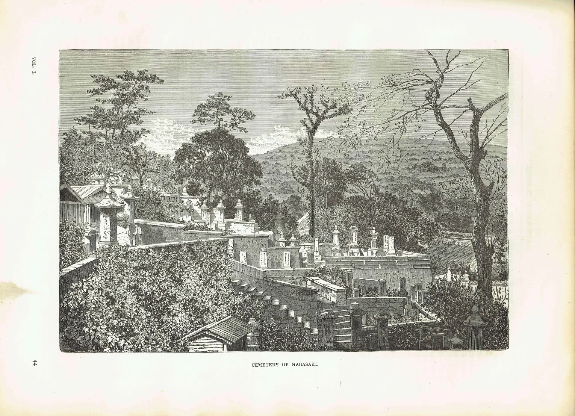1869 - c.1870 Nagasaki Cemetery Japan - Original Antique Engraving - Victorian Travel Geography Asian Architecture Landscape - 11 x 8.25 in