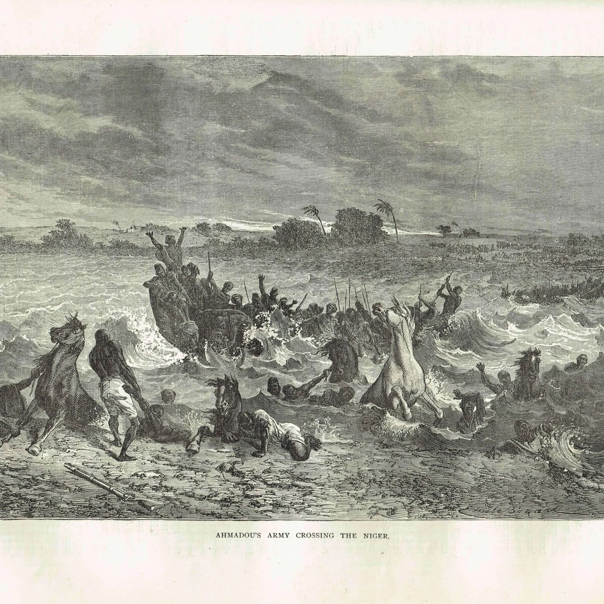 1871 Ahmadou's Army Crossing the Niger - Antique Engraving - West Africa Historical Scene Victorian Travel - 11.5 x 8 in