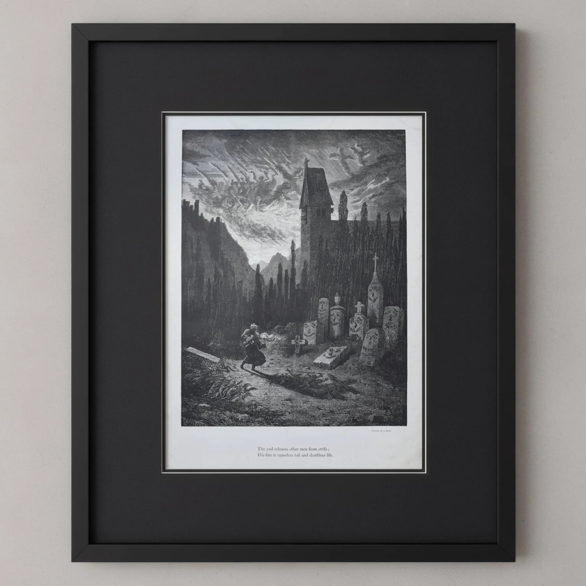 1866 Gustave Doré Legend Of The Wandering Jew Graveyard Plate 6 - Original Antique Engraving - Gothic Horror Medieval Religious - 14 x 20 in