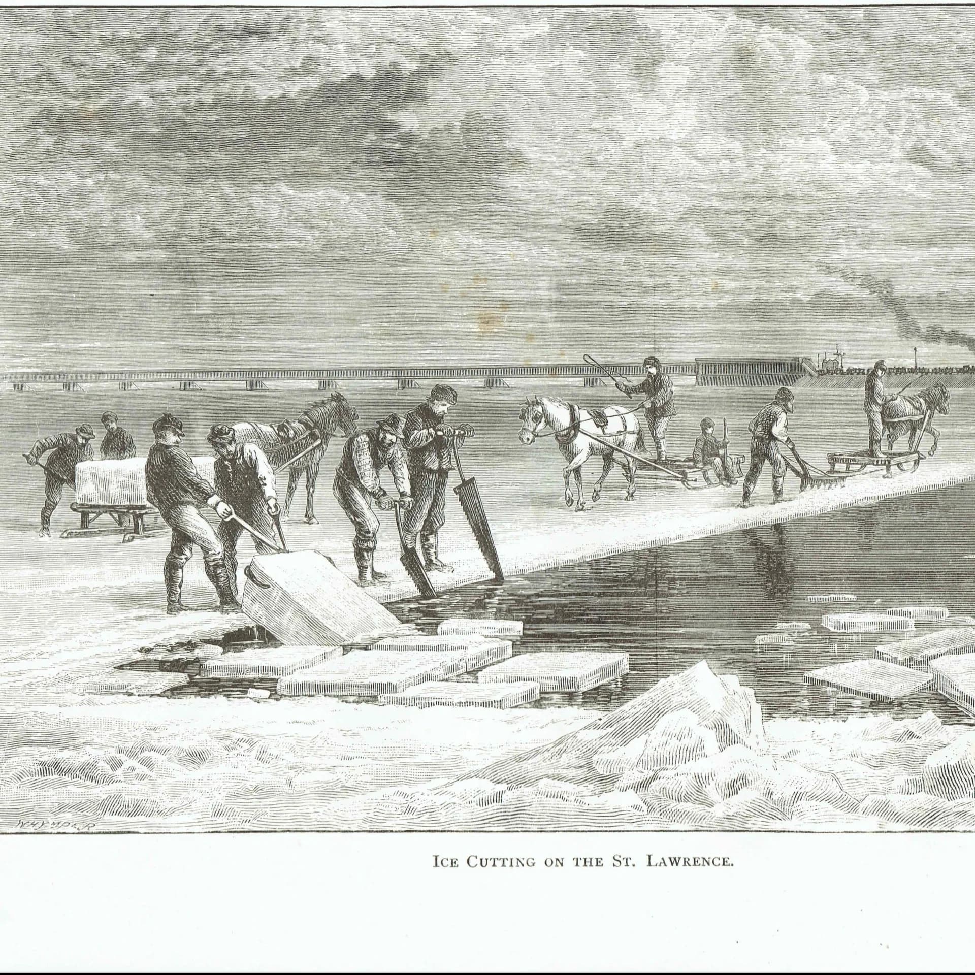 1885 Ice Cutting on the St. Lawrence - Antique Print By Lorne - Canadian Pictures Victorian Labour Scene - 10 x 7 in