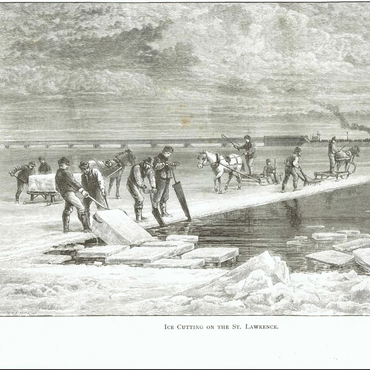 1885 Ice Cutting on the St. Lawrence - Antique Print By Lorne - Canadian Pictures Victorian Labour Scene - 10 x 7 in