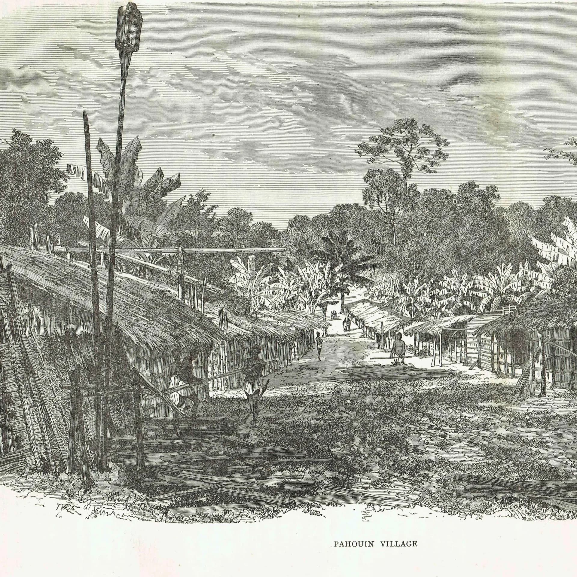 1869 Pahouin Village Africa - Original Antique Engraving - Illustrated Travels Bates Exploration Geography Adventure - 11 x 8.25 in