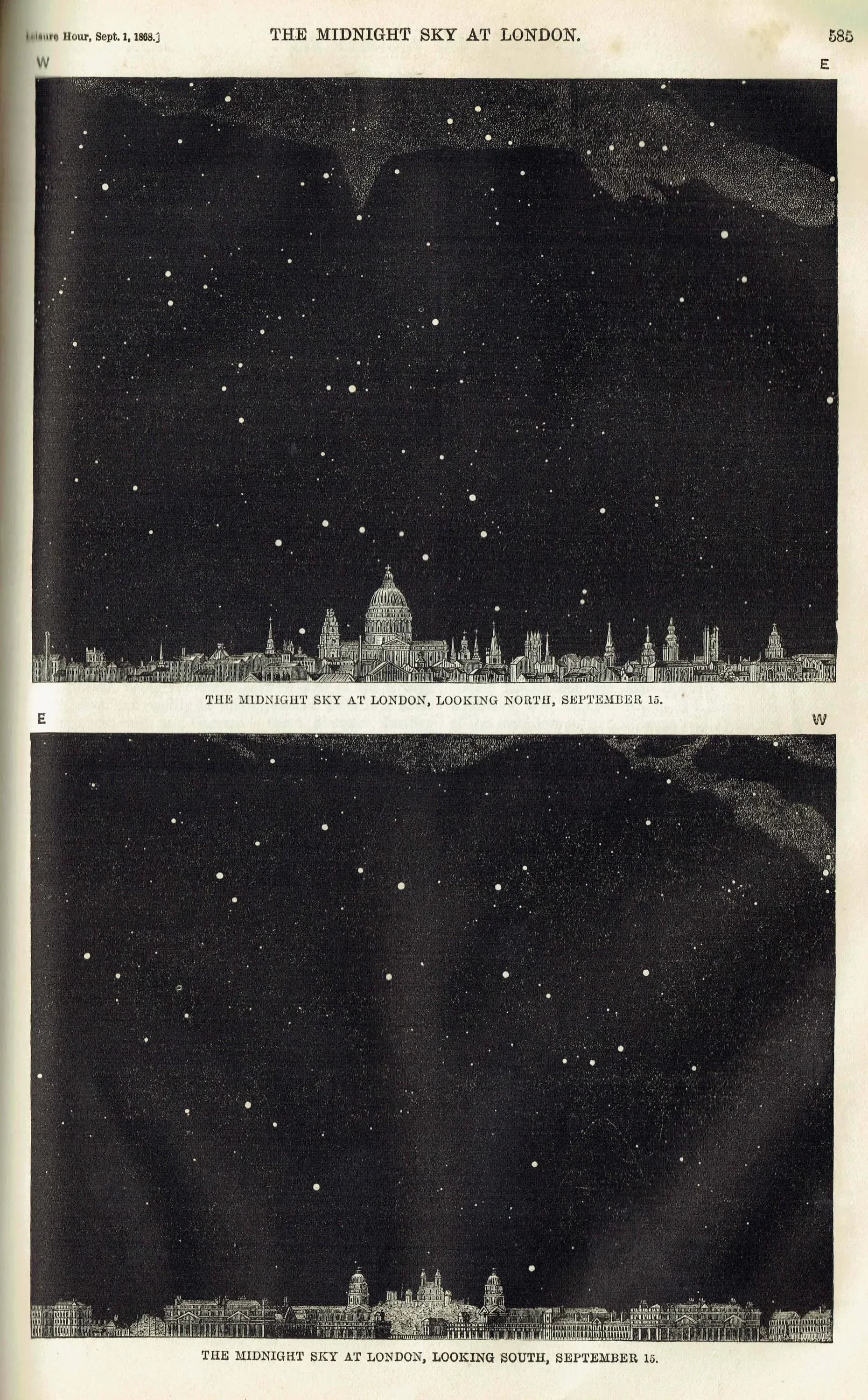 1868 Midnight Sky at London - Original Antique Print - Victorian Astronomy Star Chart North South Views Leisure Hour - 6.25 x 10 in