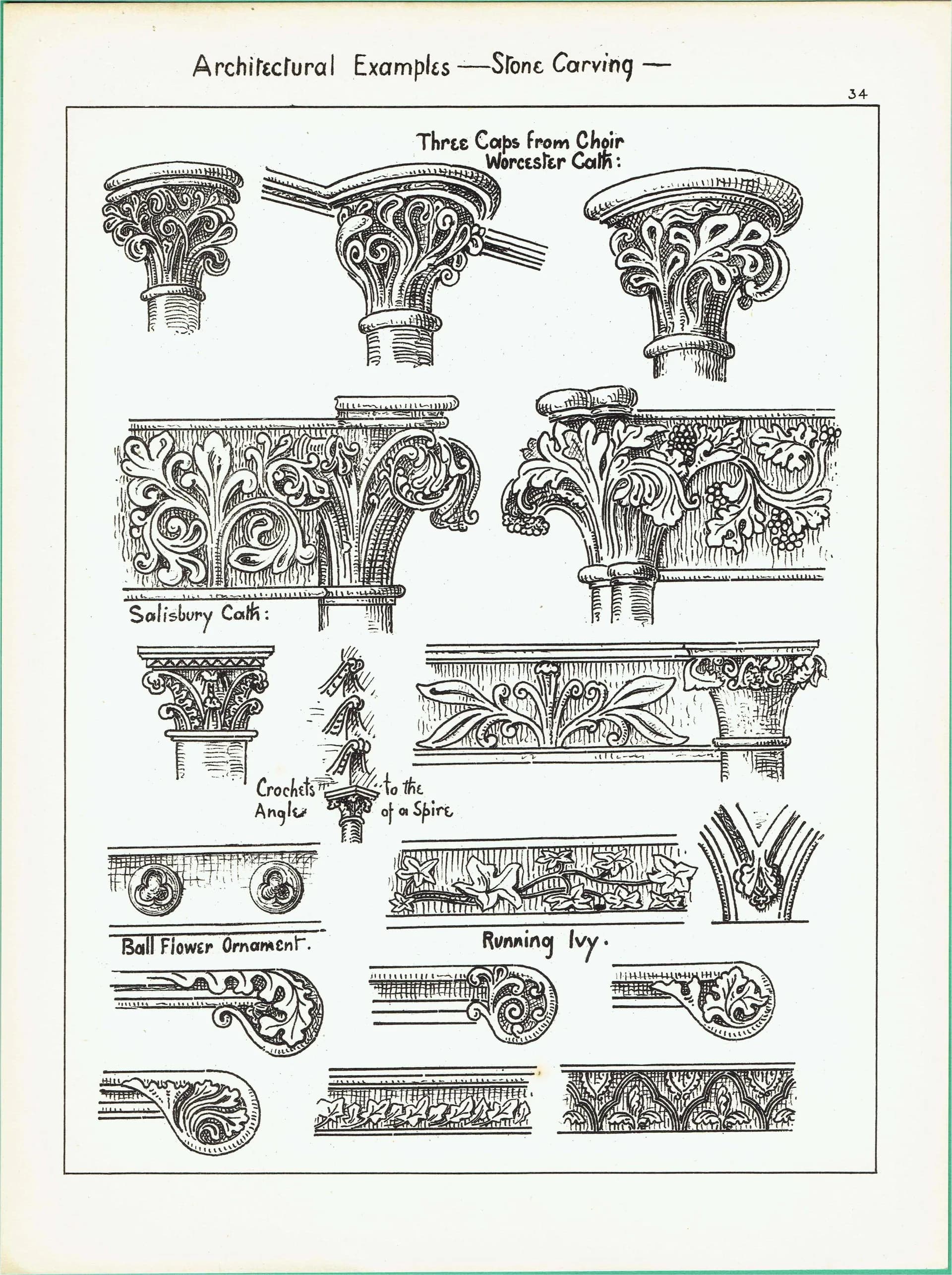 1898 Stone Carving Salisbury Worcester Cathedrals 3 Caps from Choir Architectural Print - Fullerton - Building Illustration - 8 x 10.75 in