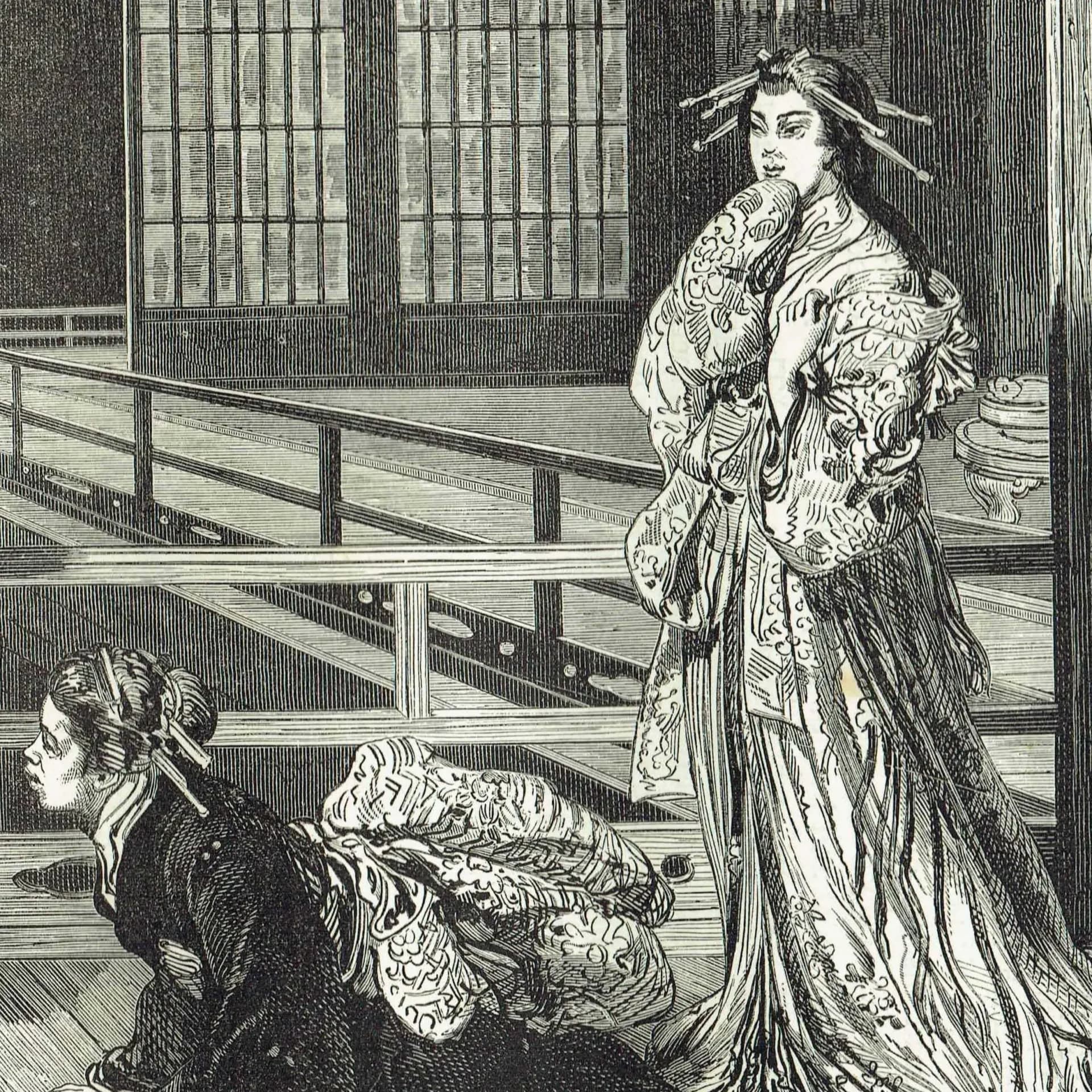 1875 Daimio's House Japan - Antique Engraving - Victorian Japanese Interior Portrait Scene Illustrated Travels - 11.5 x 8 in