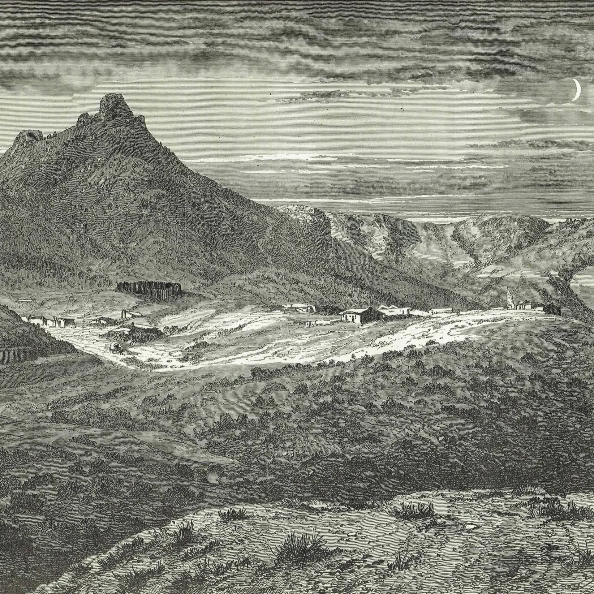 1870s Fort Bowie Arizona Apache Attack Scene Woodblock Print - Western Military History - Victorian Travel Geography - 12 x 8.5 in
