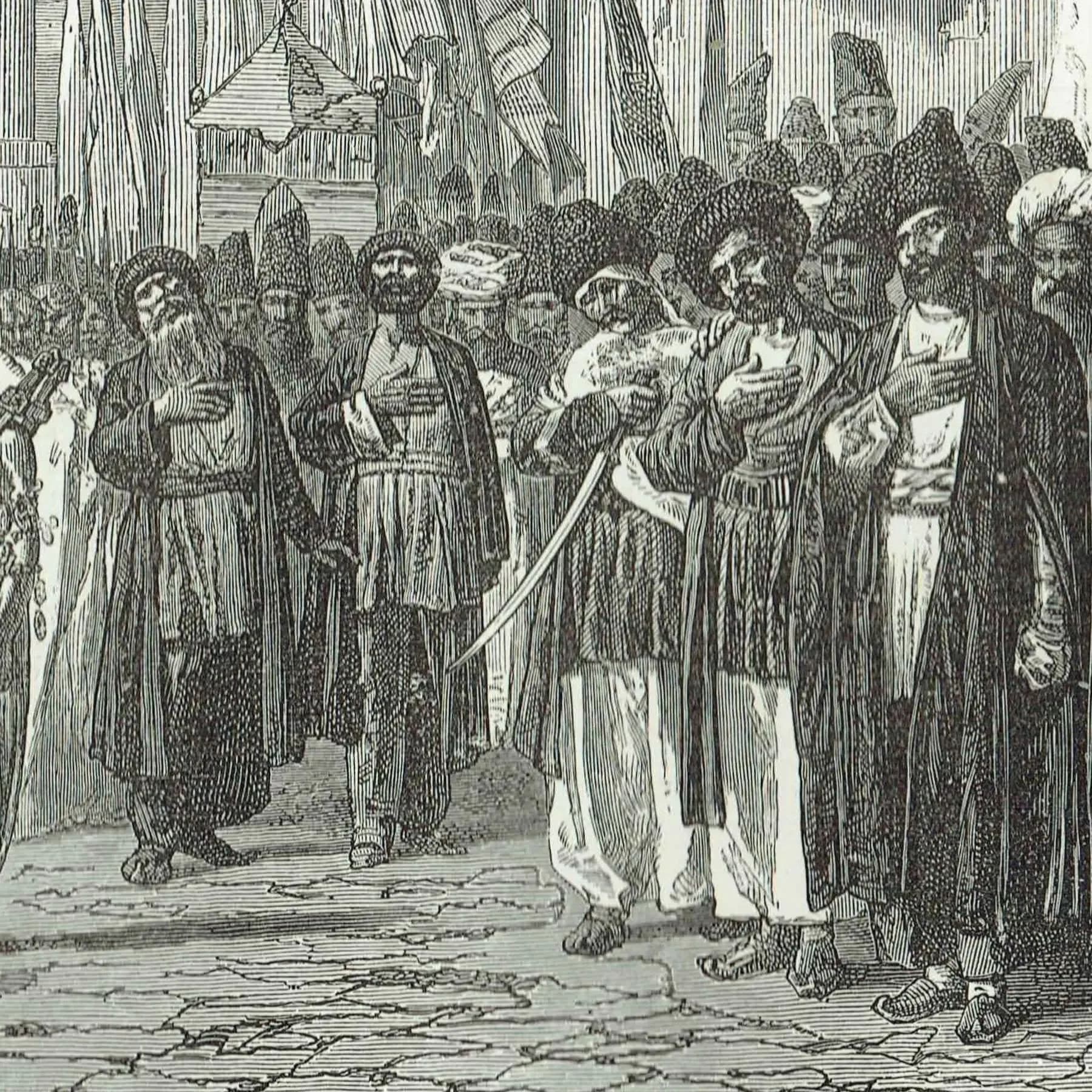 1871 Funeral Procession at Schucha - Antique Engraving - Caucasus Azerbaijan Islamic Scene Travel Print - 11.5 x 8 in