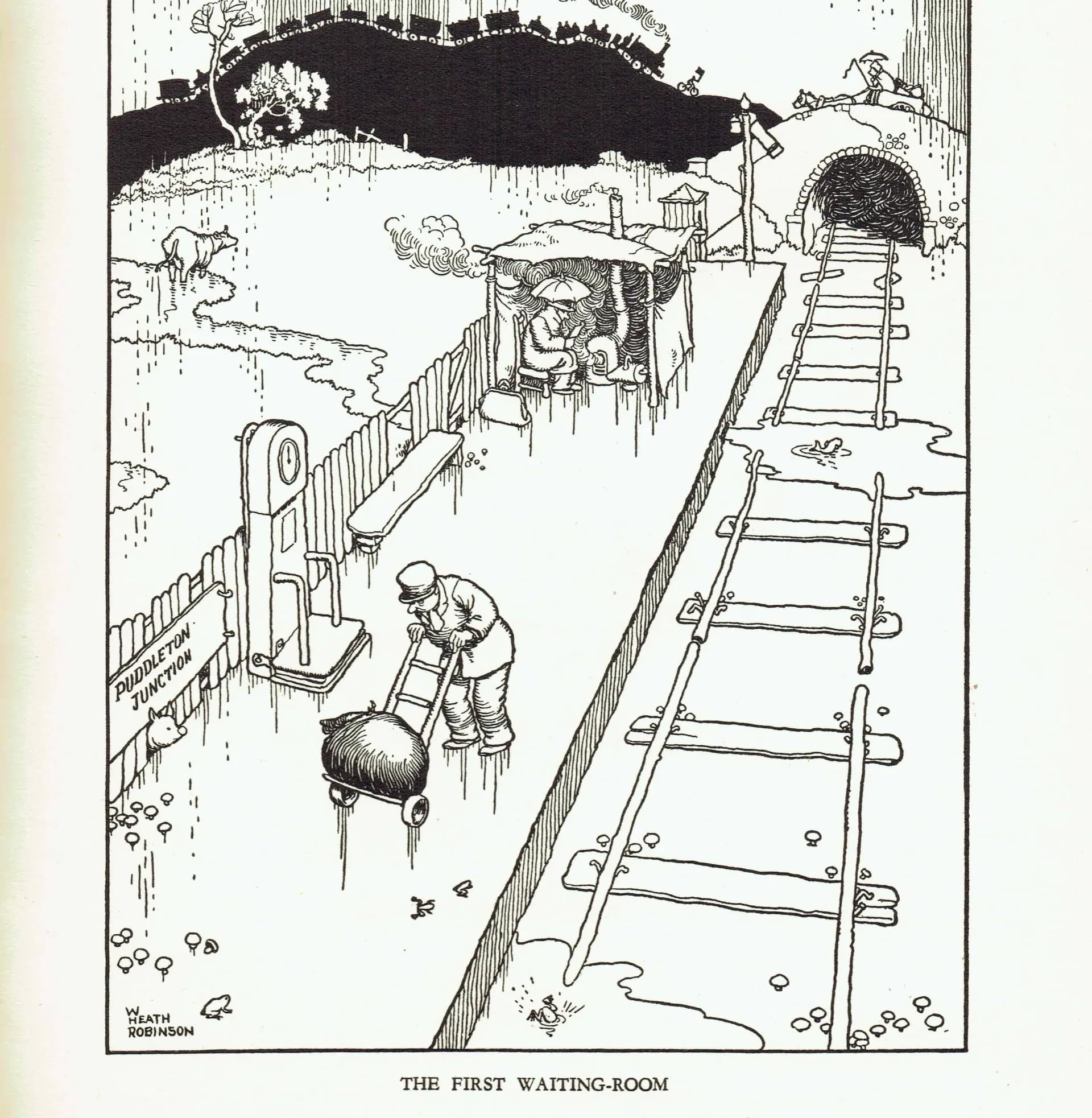 1935 Railway Humour - Original Vintage Print By Heath Robinson - Great Western Railway Centenary Cartoon Satire - 7 x 9.5 in
