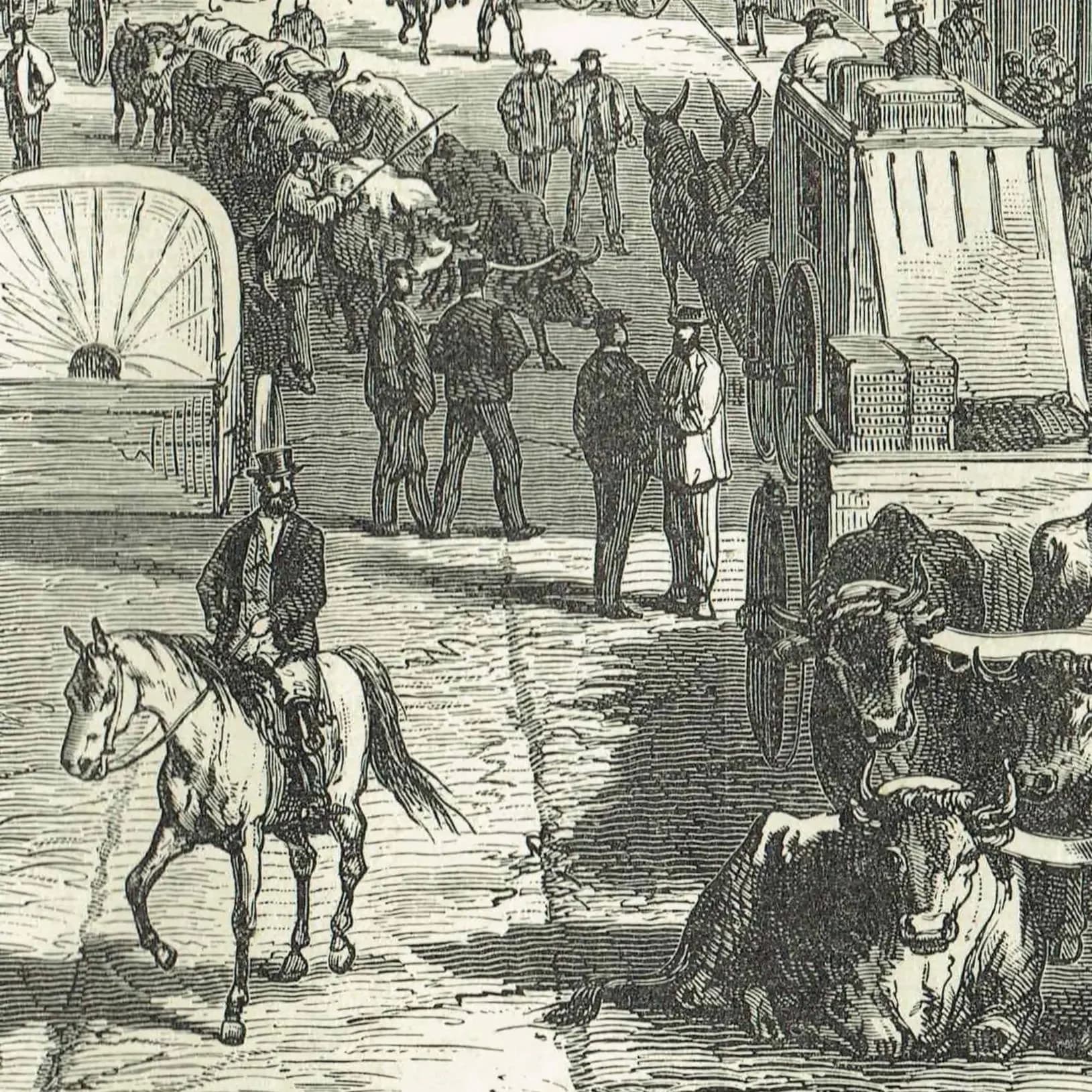 1875 A Town on the Plains - Antique Engraving By Bates - American West Frontier Street Scene Historical Print - 11.5 x 8 in