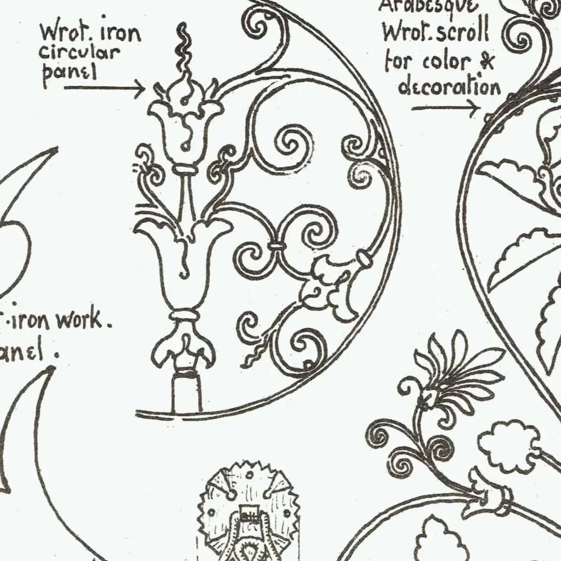 1898 Ornamental Wrought Ironwork - Circular Panel Arabesque Scroll St Quintin Architecture Print - W Fullerton - 8 x 10.75 in