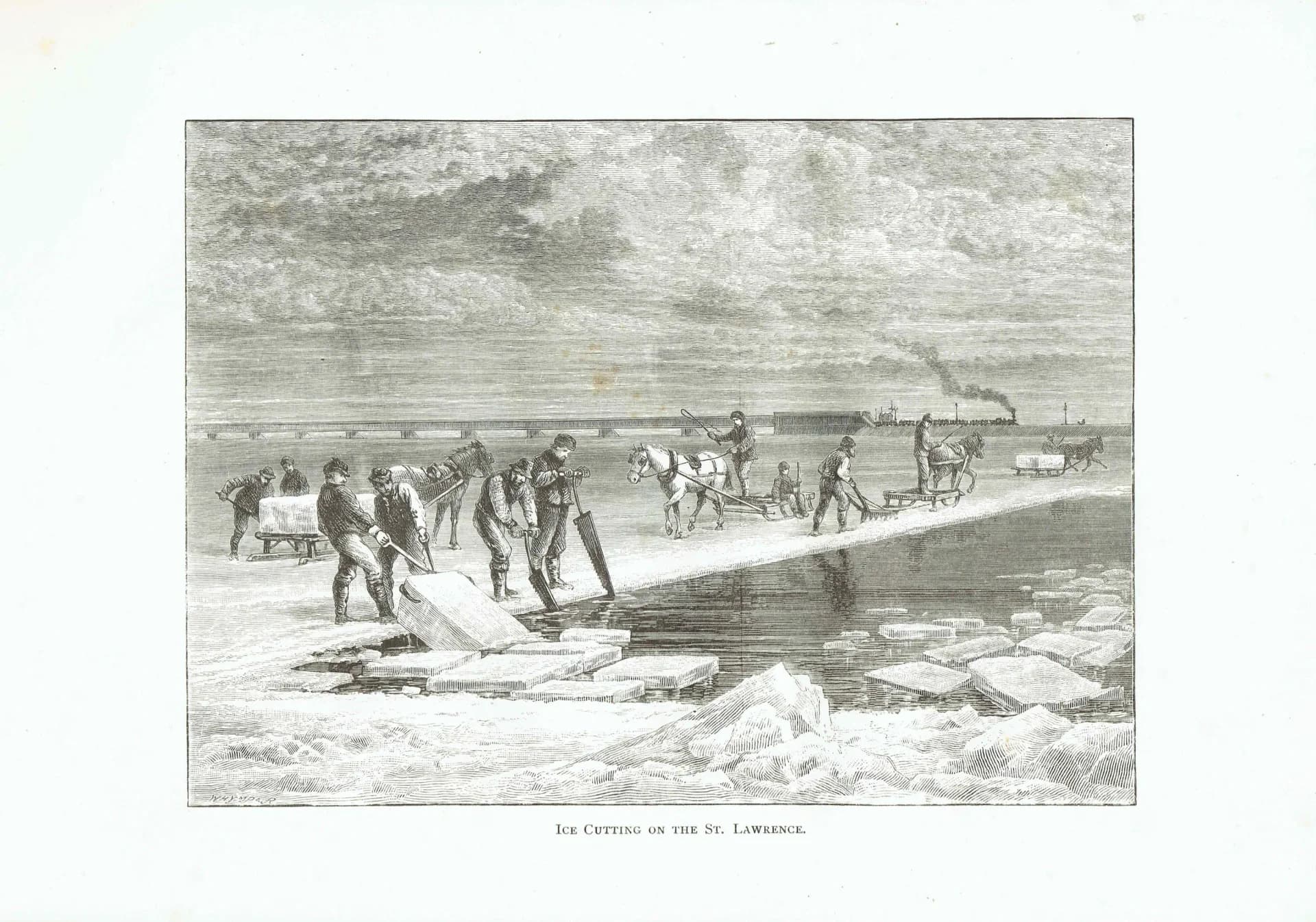 1885 Ice Cutting on the St. Lawrence - Antique Print By Lorne - Canadian Pictures Victorian Labour Scene - 10 x 7 in