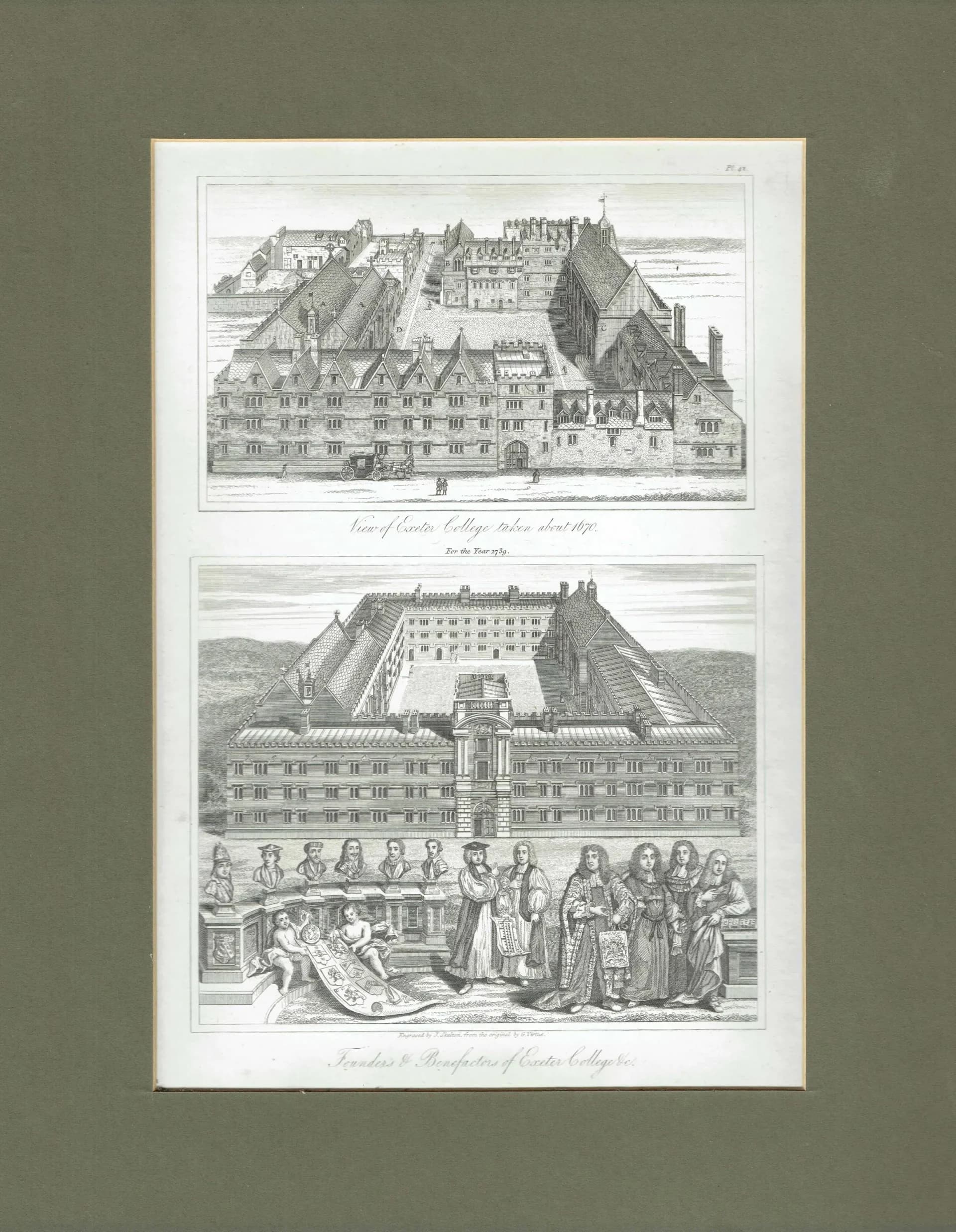 1820 Exeter College Oxford - Original Antique Engraving By Skelton - University Architecture Historical Founders Plate 42 - 8.25 x 11 in