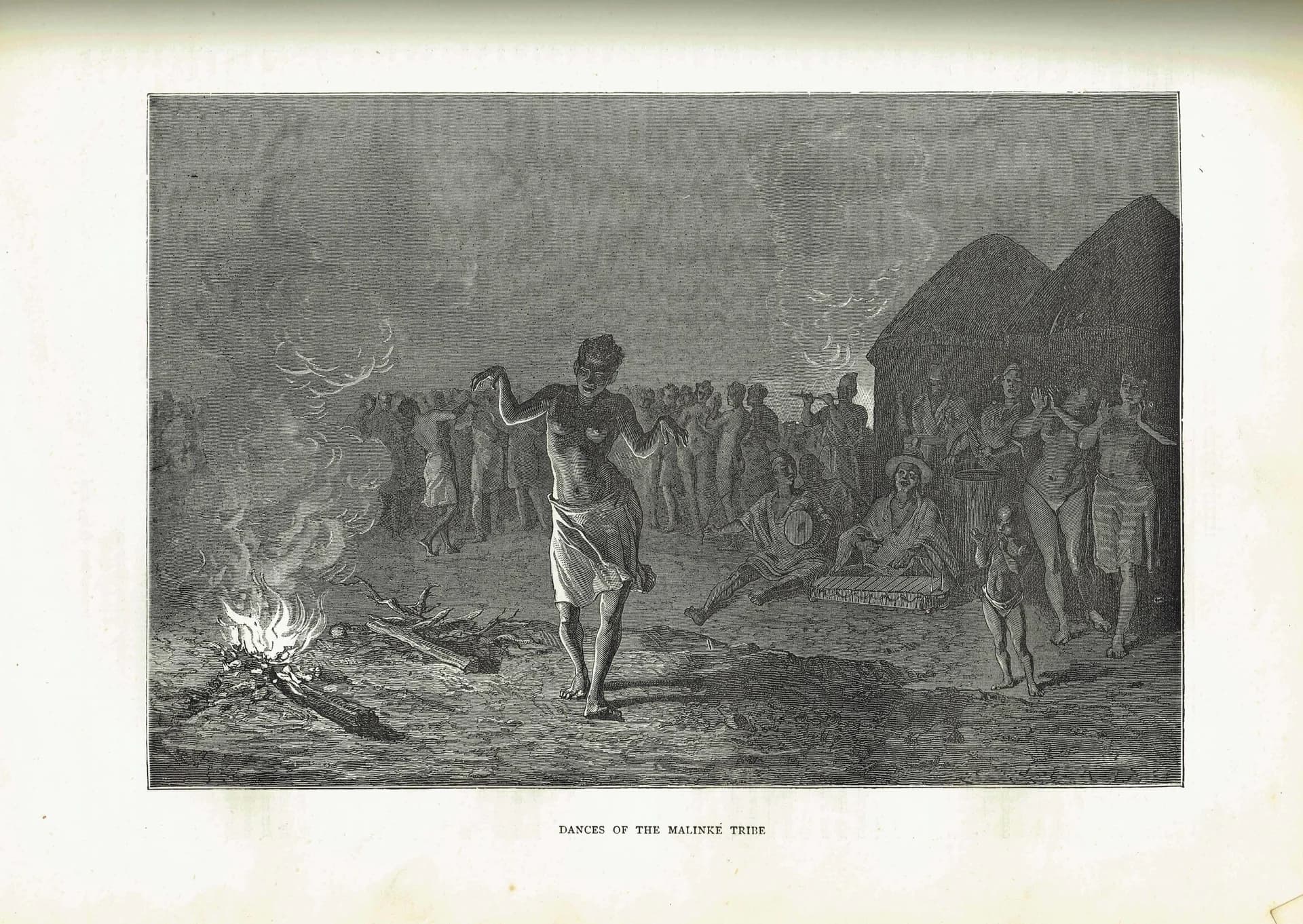 1871 Malinké Tribe Dance - Antique Engraving - West Africa Firelight Ceremony from Illustrated Travels edited by HW Bates 11.5 x 8 in