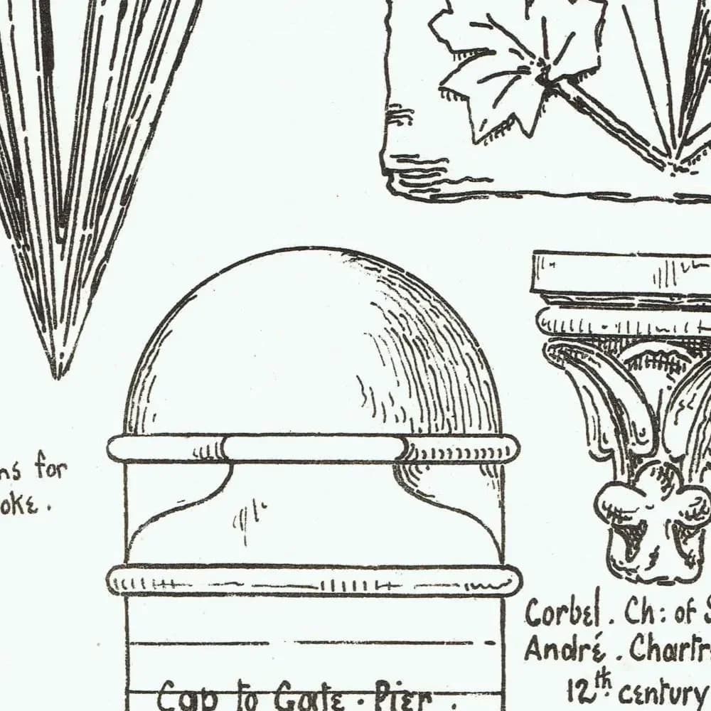 1898 Corbels Cap to Gate Pier Chamfer of Buttress Stonework Architectural Print - W Fullerton - Building Illustration - 8 x 10.75 in