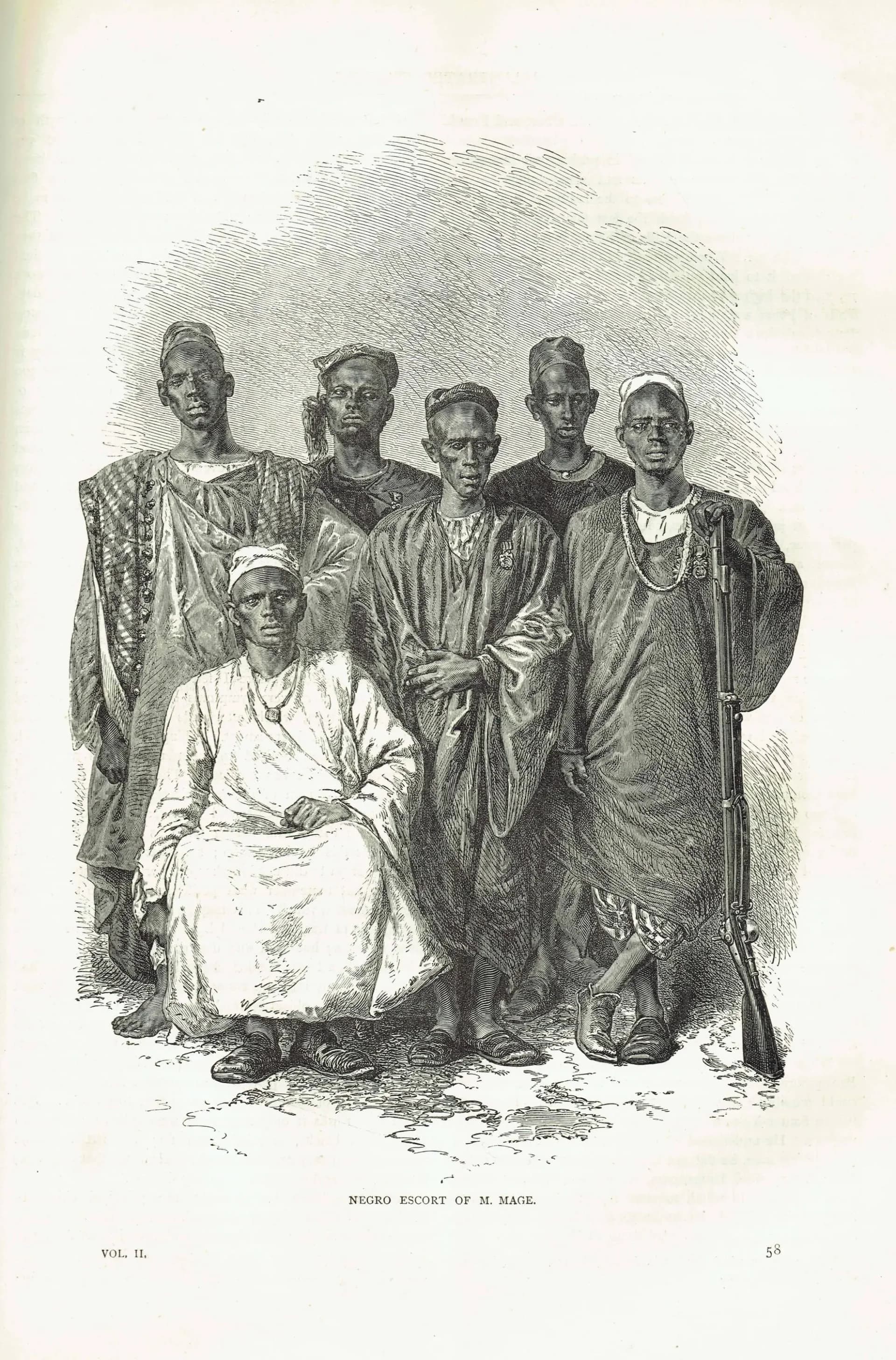 1870s Escort of M. Mage - Antique Engraving - Victorian Africa Travel Portrait Group Study - 8 x 11.5 in