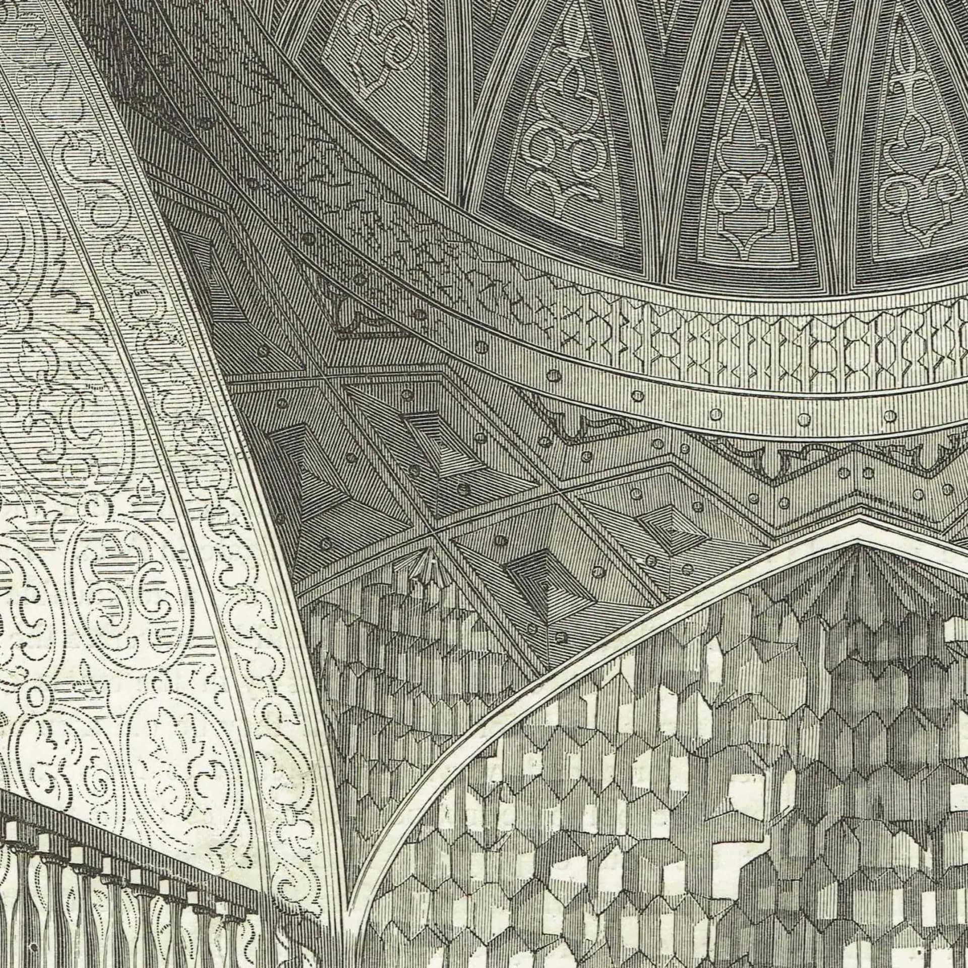1871 Turkestan Mosque Interior - Antique Engraving By Bates - Victorian Central Asia Travel Islamic Architecture - 8 x 11.5 in