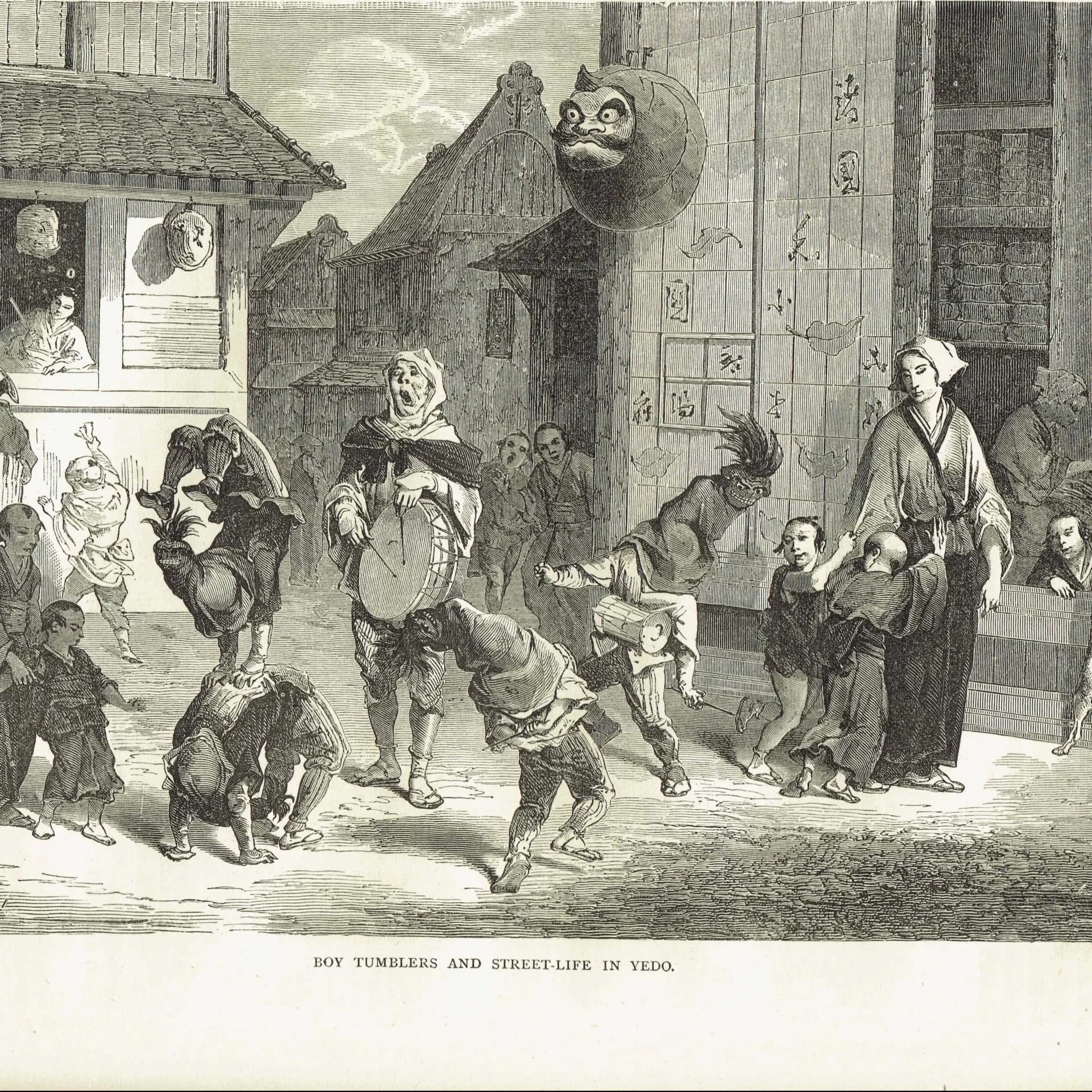 1875 Boy Tumblers & Street-Life in Yedo - Antique Engraving - Japanese Tokyo Scene Illustrated Travels Bates - 11.5 x 8 in