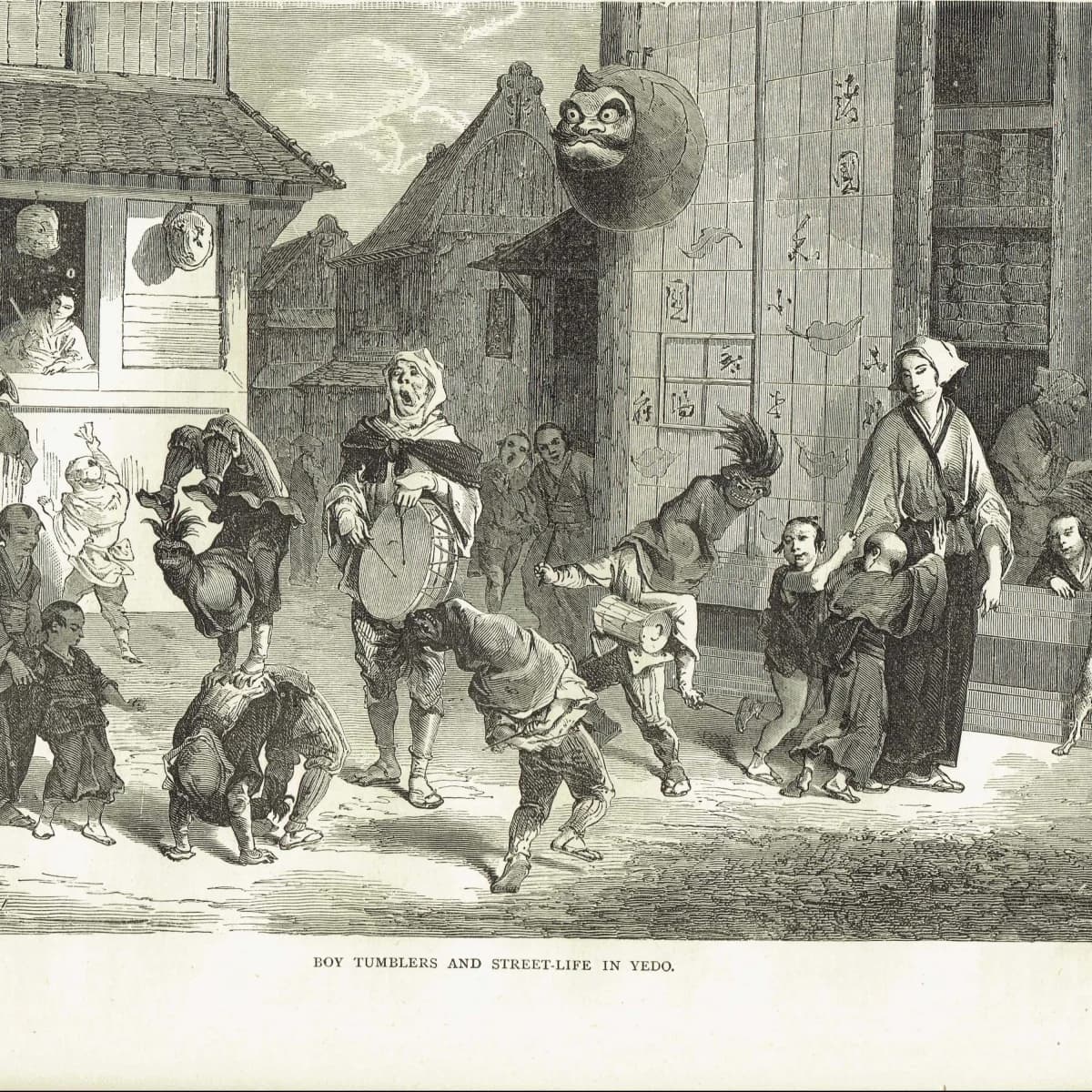 1875 Boy Tumblers & Street-Life in Yedo - Antique Engraving - Japanese Tokyo Scene Illustrated Travels Bates - 11.5 x 8 in