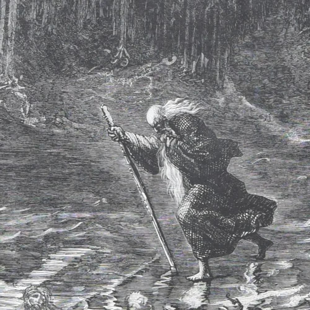 1866 Gustave Doré Legend Of The Wandering Jew Crossing River Plate 5 - Original Antique Engraving - Gothic Medieval Christian - 14 x 20 in