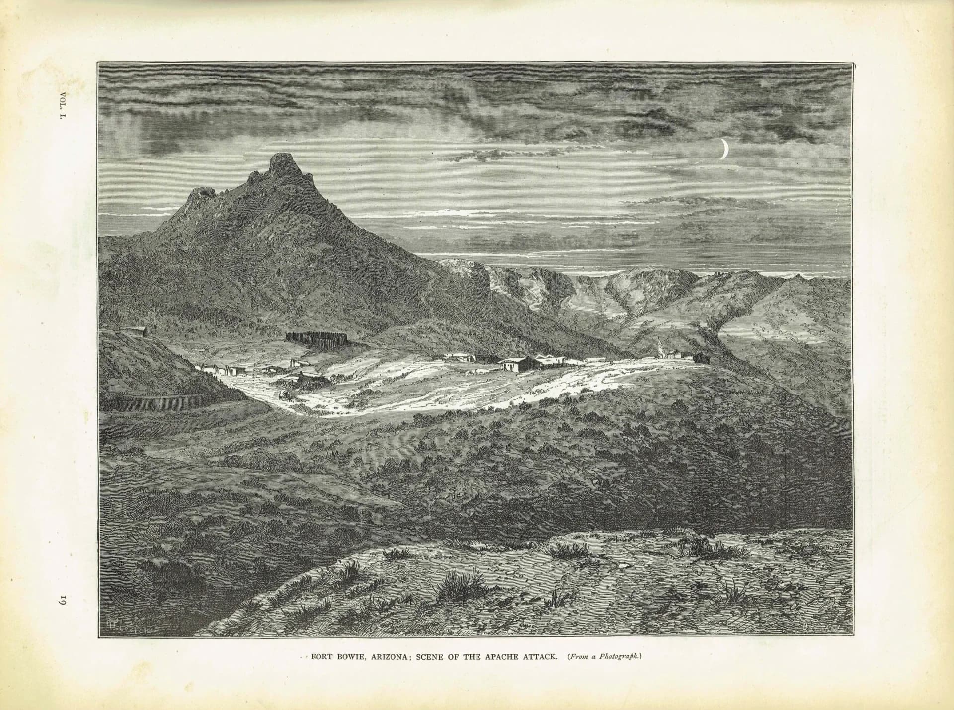 1870s Fort Bowie Arizona Apache Attack Scene Woodblock Print - Western Military History - Victorian Travel Geography - 12 x 8.5 in