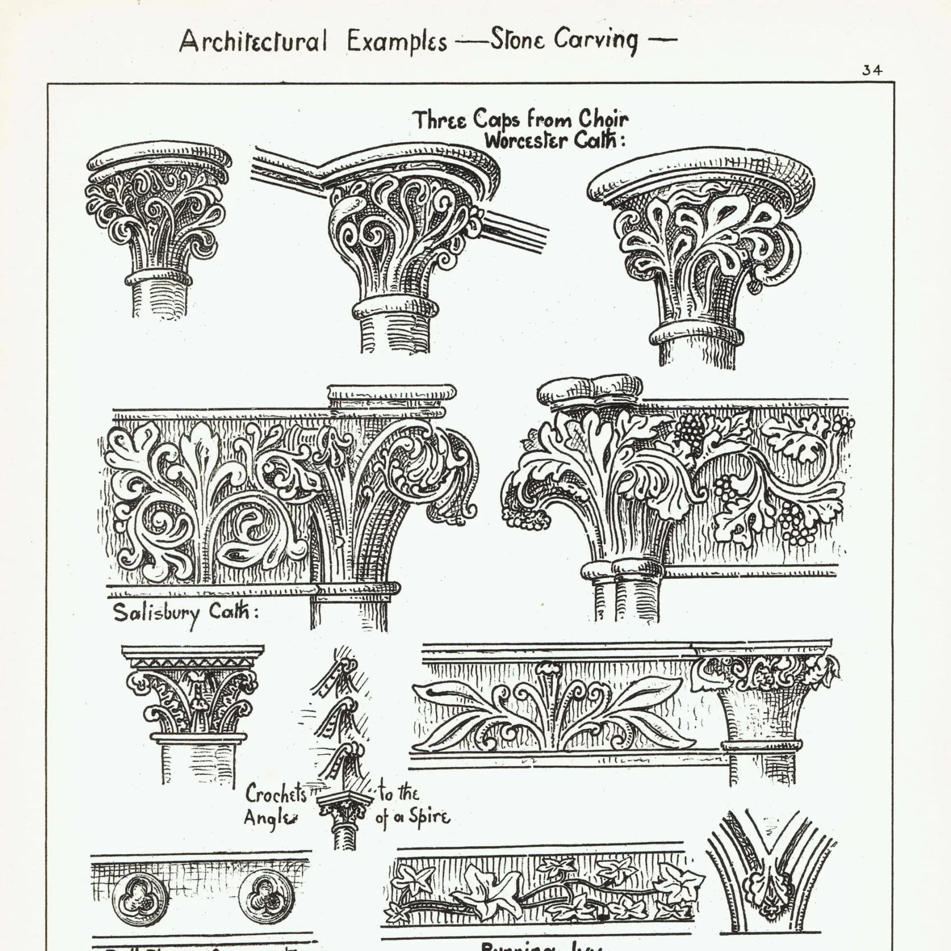 1898 Stone Carving Salisbury Worcester Cathedrals 3 Caps from Choir Architectural Print - Fullerton - Building Illustration - 8 x 10.75 in