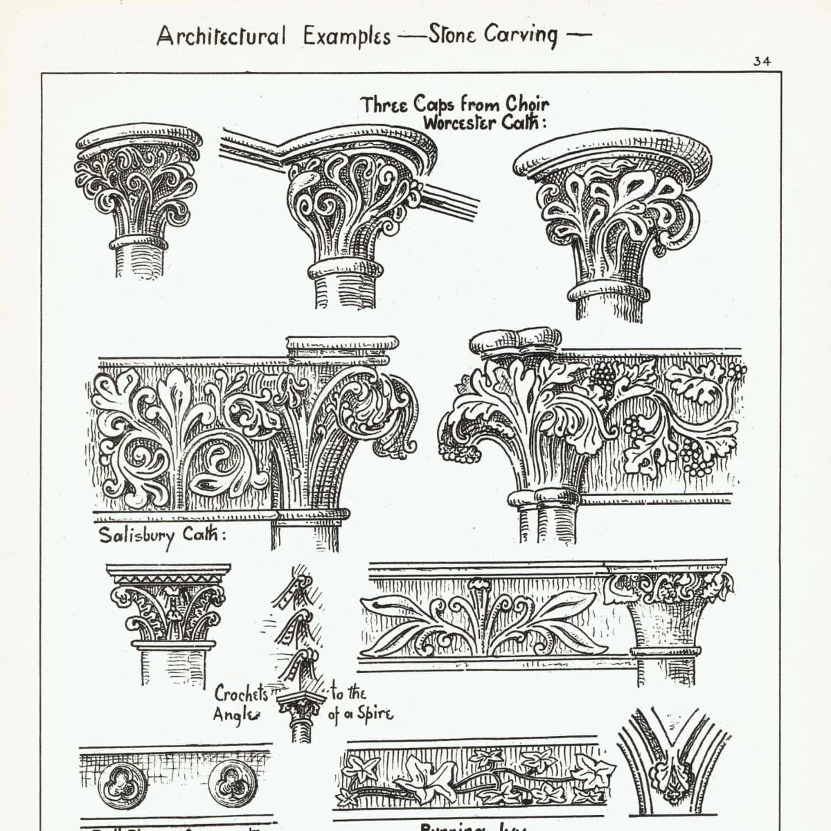 1898 Stone Carving Salisbury Worcester Cathedrals 3 Caps from Choir Architectural Print - Fullerton - Building Illustration - 8 x 10.75 in
