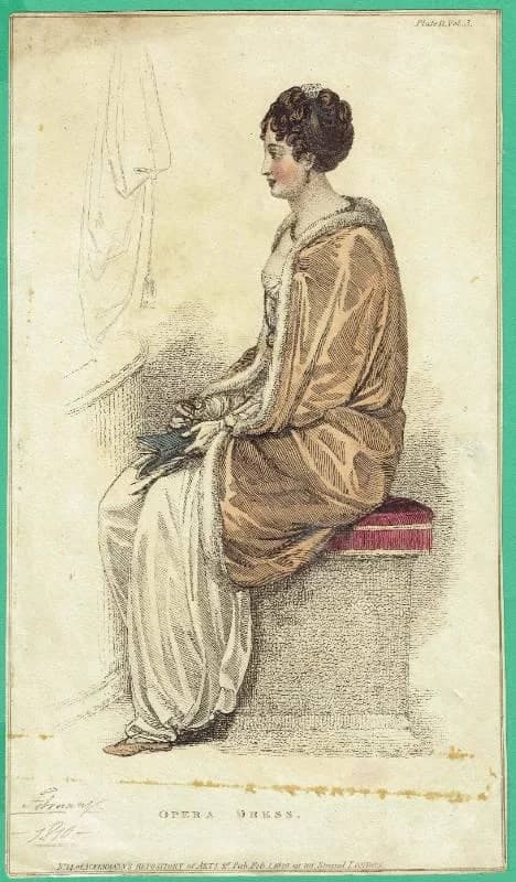 1810 Regency Period Opera Dress Fashion - Original Antique Hand Coloured Print - Costume - Historical Clothing - 5.5 x 9.25 in