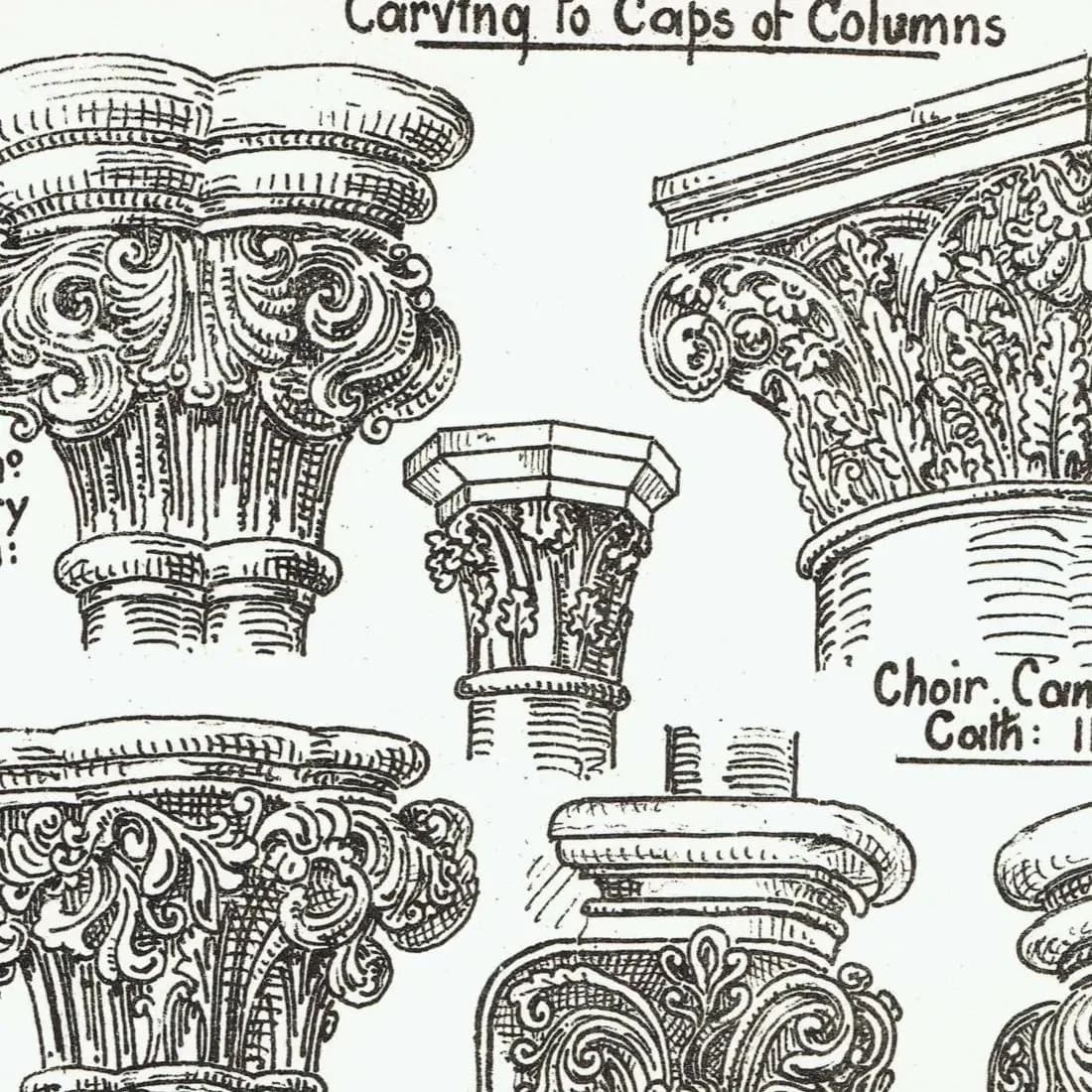 1898 Architectural Print - Stone Carving Caps Of Columns Canterbury Salisbury Bloxham Blois Bristol - W Fullerton - 8 x 10.75 in